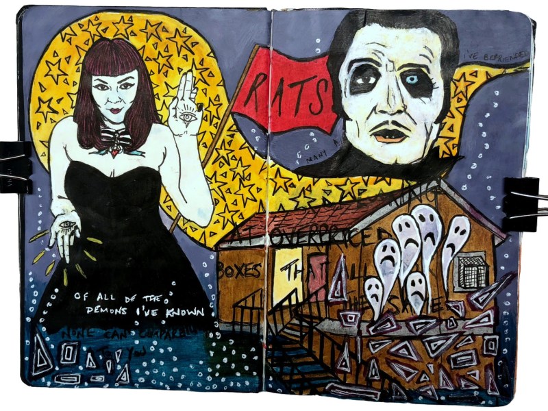 A moleskine art journal illustration about betrayal and frustration including a portrait of Cardinal Copia of Ghost and a gothic woman doing the as above so below gesture; the page was created with acrylic paint, acrylic marker, and ink.