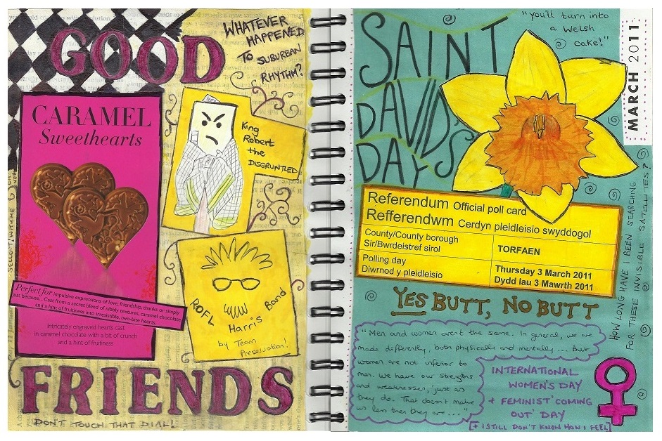 Colorful collage with a candy wrapper, sketches, and notes about Saint David's Day and voting.