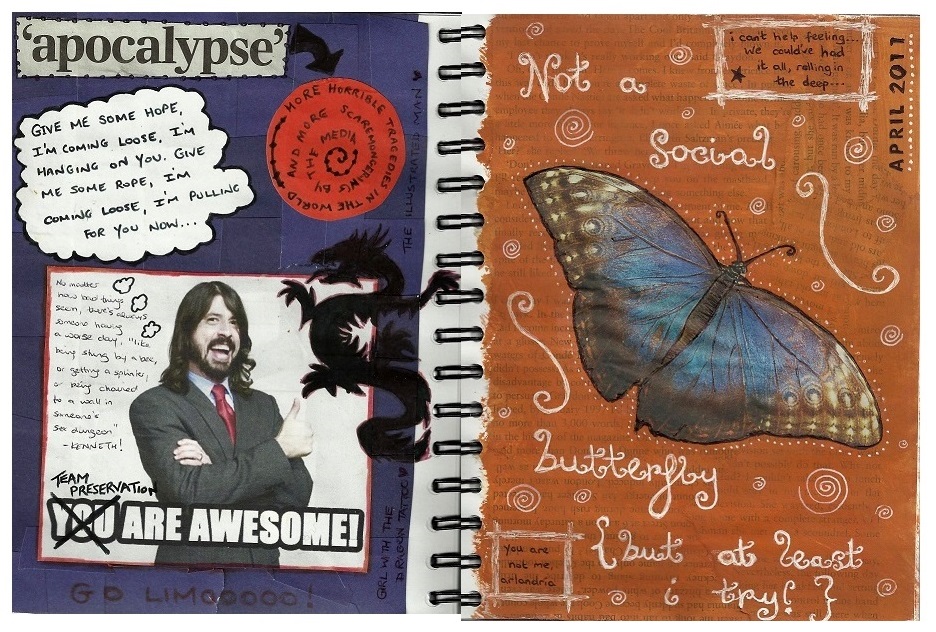Art journal pages with a collage and butterfly theme.