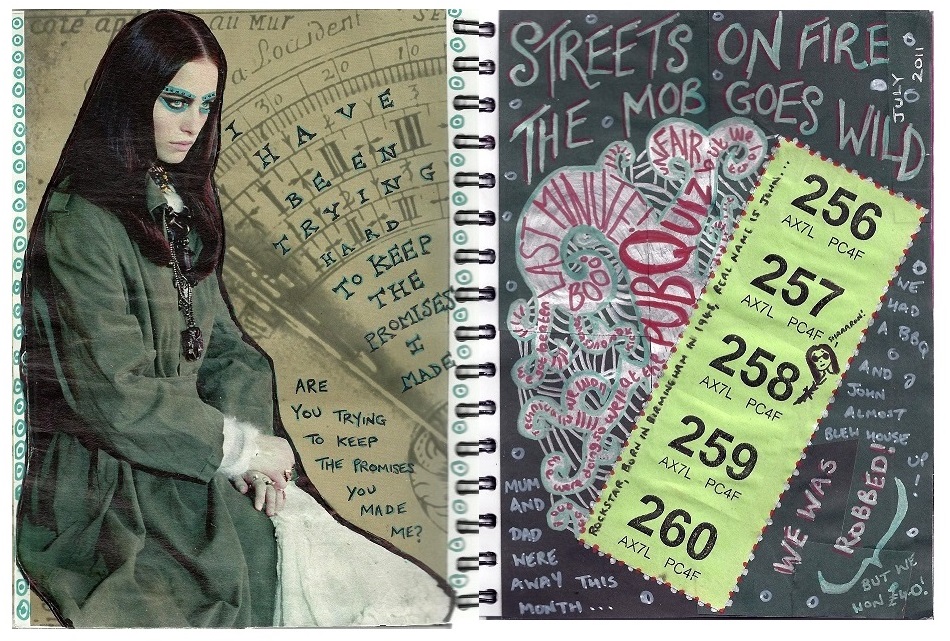 A collage with a woman in a green robe on the left and colorful doodles with tickets on the right.
