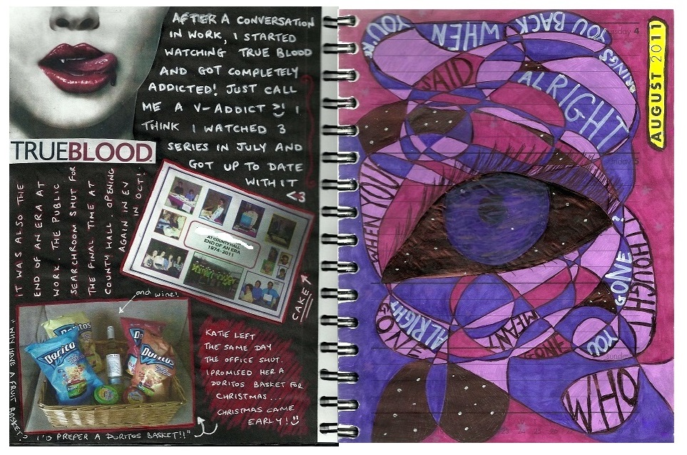 A journal spread with a "True Blood" collage and handwritten notes on the left, and an abstract eye drawing with lyrics woven into a purple mosaic on the right.