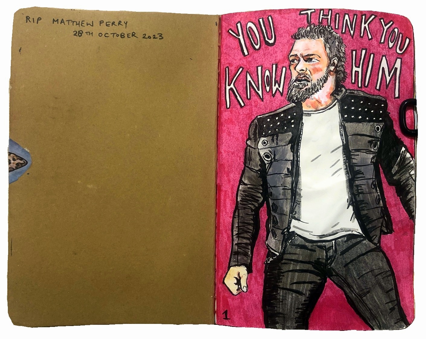 Art journal illustration of wrestler Adam Copeland in a studded jacket against a pink background, with the words "YOU THINK YOU KNOW HIM."