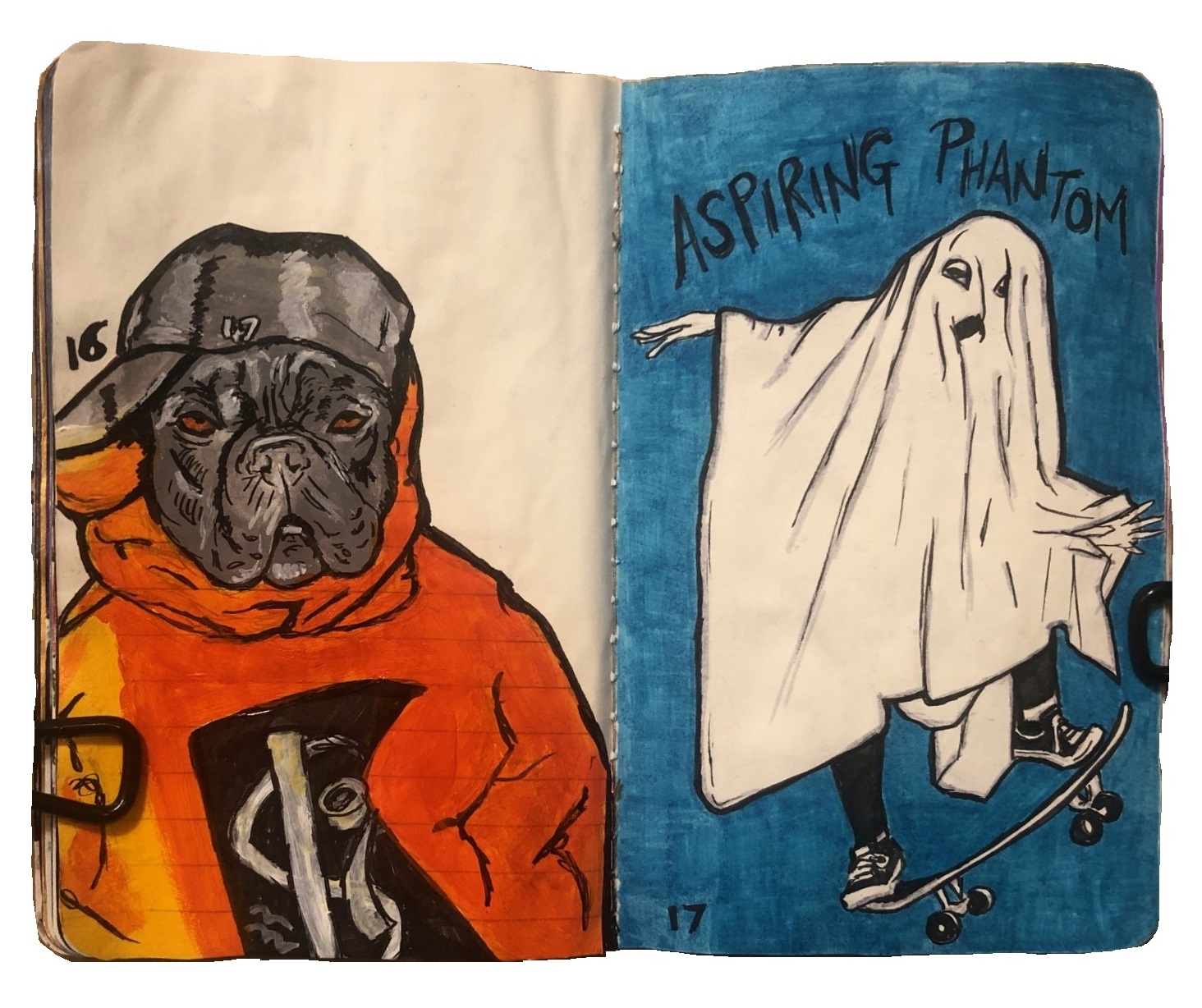An art journal spread with a dog in a hoodie and a ghost on a skateboard.