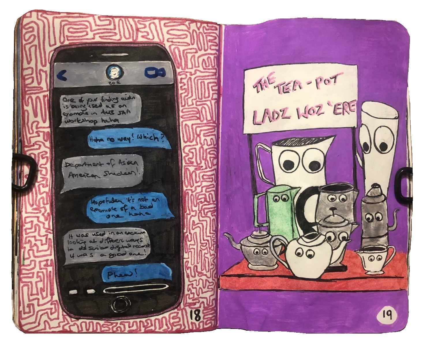 An art journal spread with a smartphone illustration on the left page and cartoon teapots on the right.