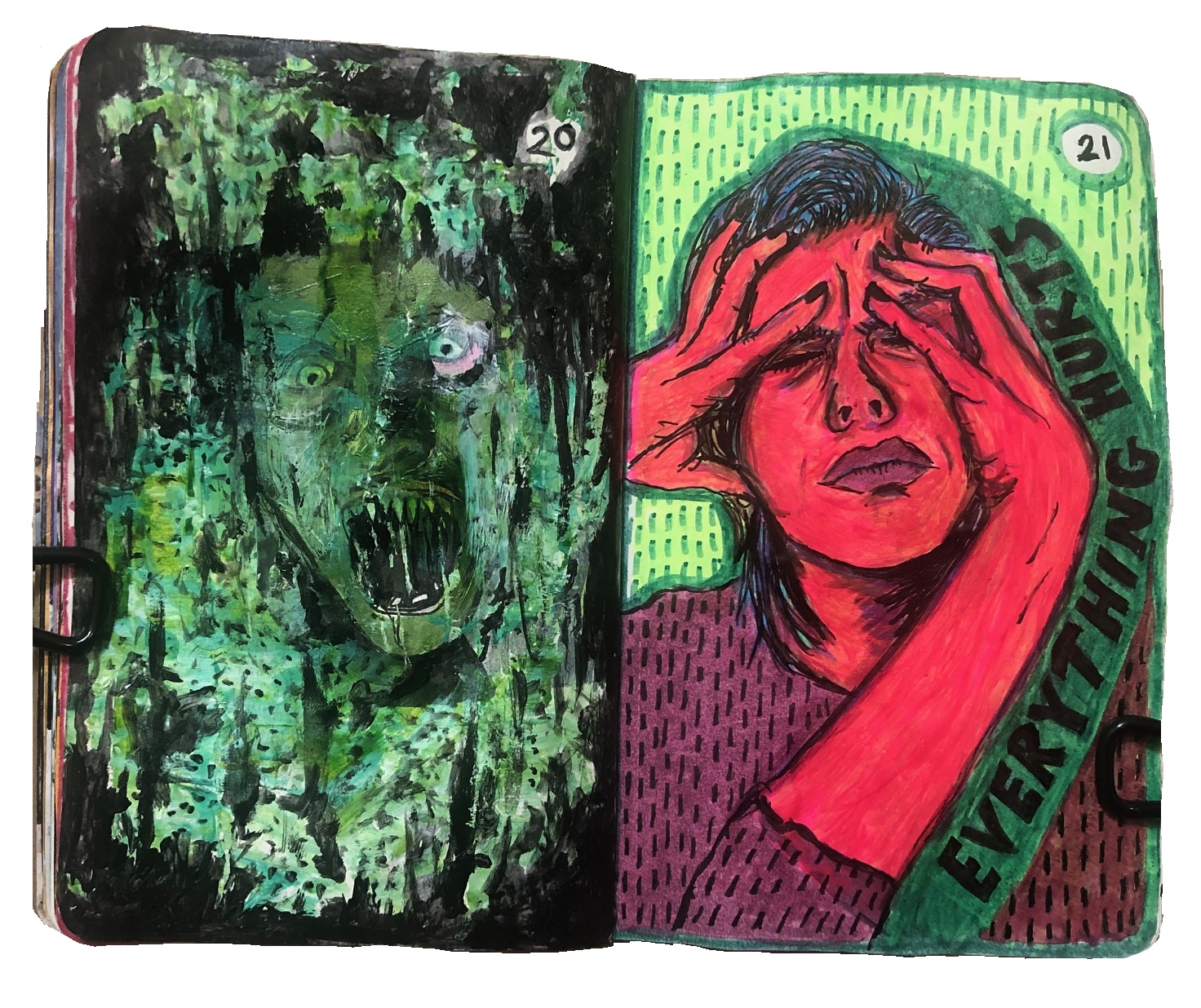 An art journal spread with a zombie face on the left page and a distressed person with the text "EVERYTHING HURTS" on the right page.