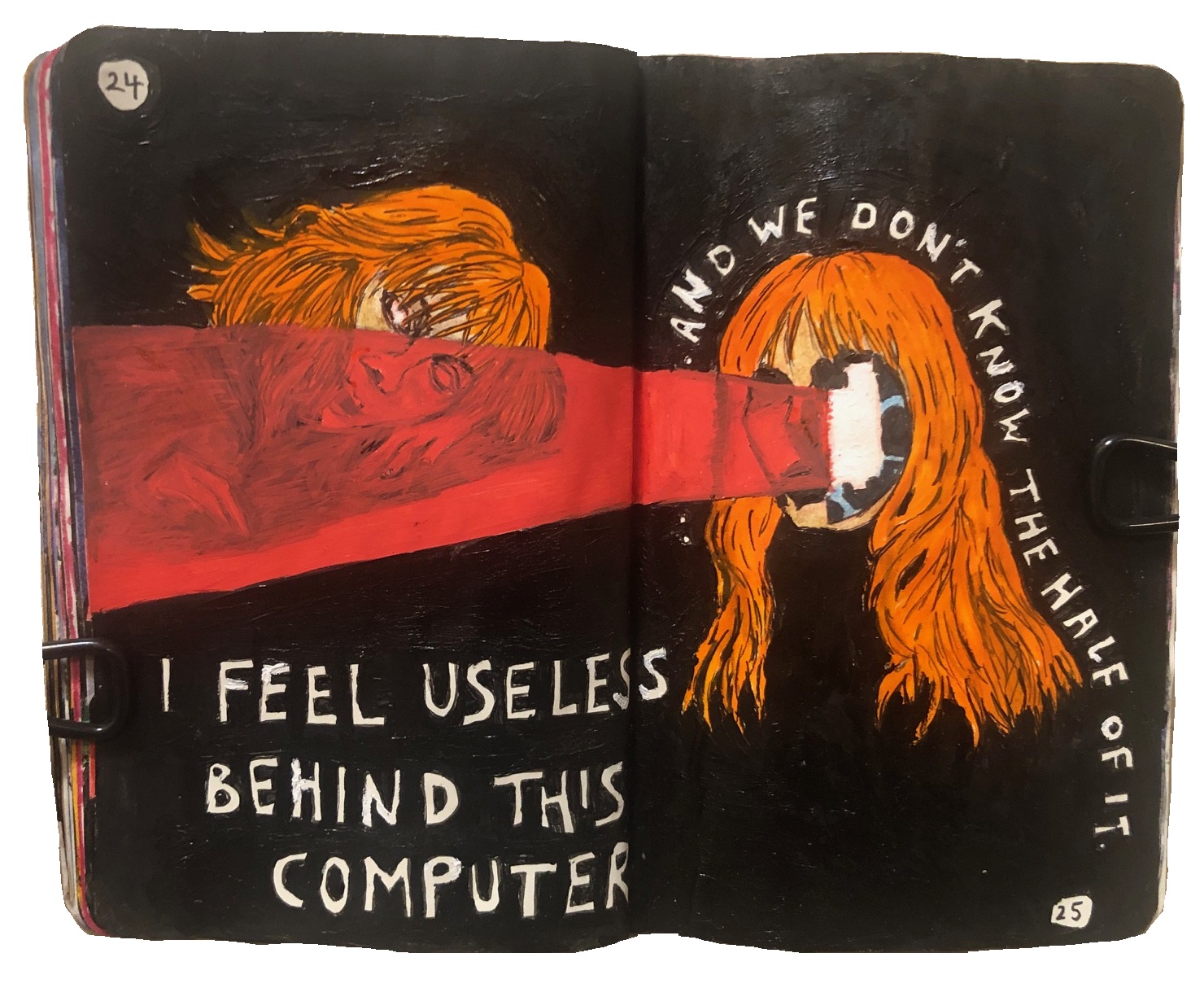 A vivid painting of faces with a red beam and white text on black pages of an art journal.