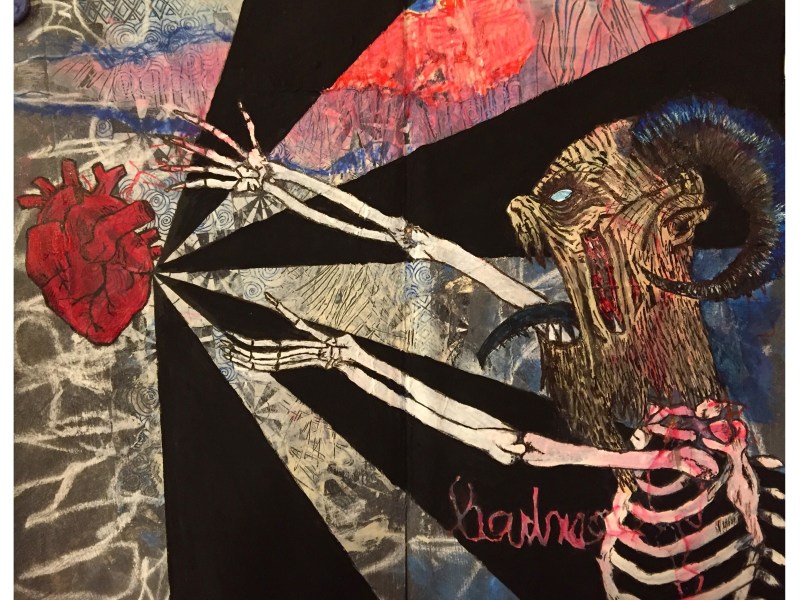 A collaborative art journal page with artist Beatriz Helton - she created the background and I drew/painted the demon, bones, black rays, and anatomical heart over the top; the page was created with collage material, ink, and acrylic paint.