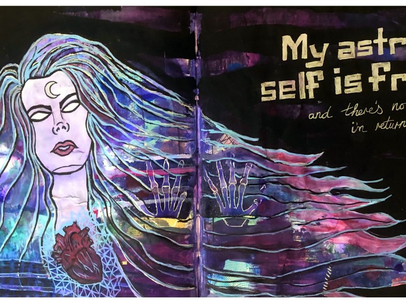 Days 120 and 135/365 of Year of Creative Habits A large mixed media art journal page with a painting of an ethereal woman and lyrics by Monster Magnet; the page was created with acrylic paint, collage material, and ink. I was experimenting with a large altered book at the time (this is 24 x 12 inches, I believe) but I ended up tearing out the pages I made because it's not a size I enjoy working in.