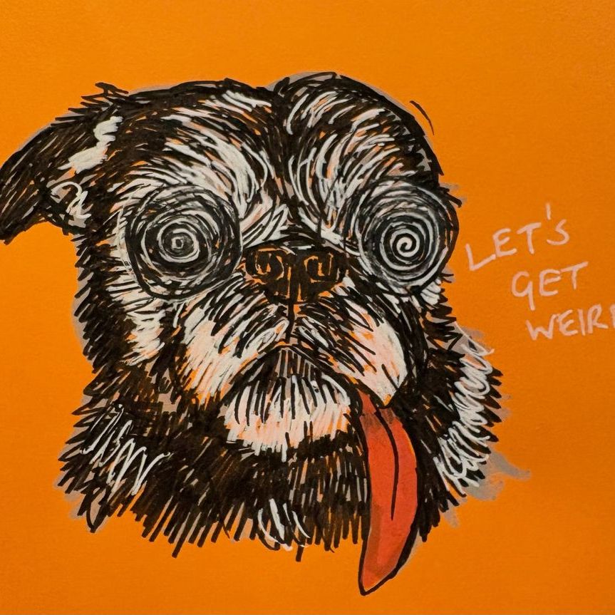 A mixed media illustration of a weird black and white dog with its tongue sticking out and spirals for eyes against an orange background. It says, "Let's Get Weird!" in white handwriting next to it. Created with acrylic paint and ink.