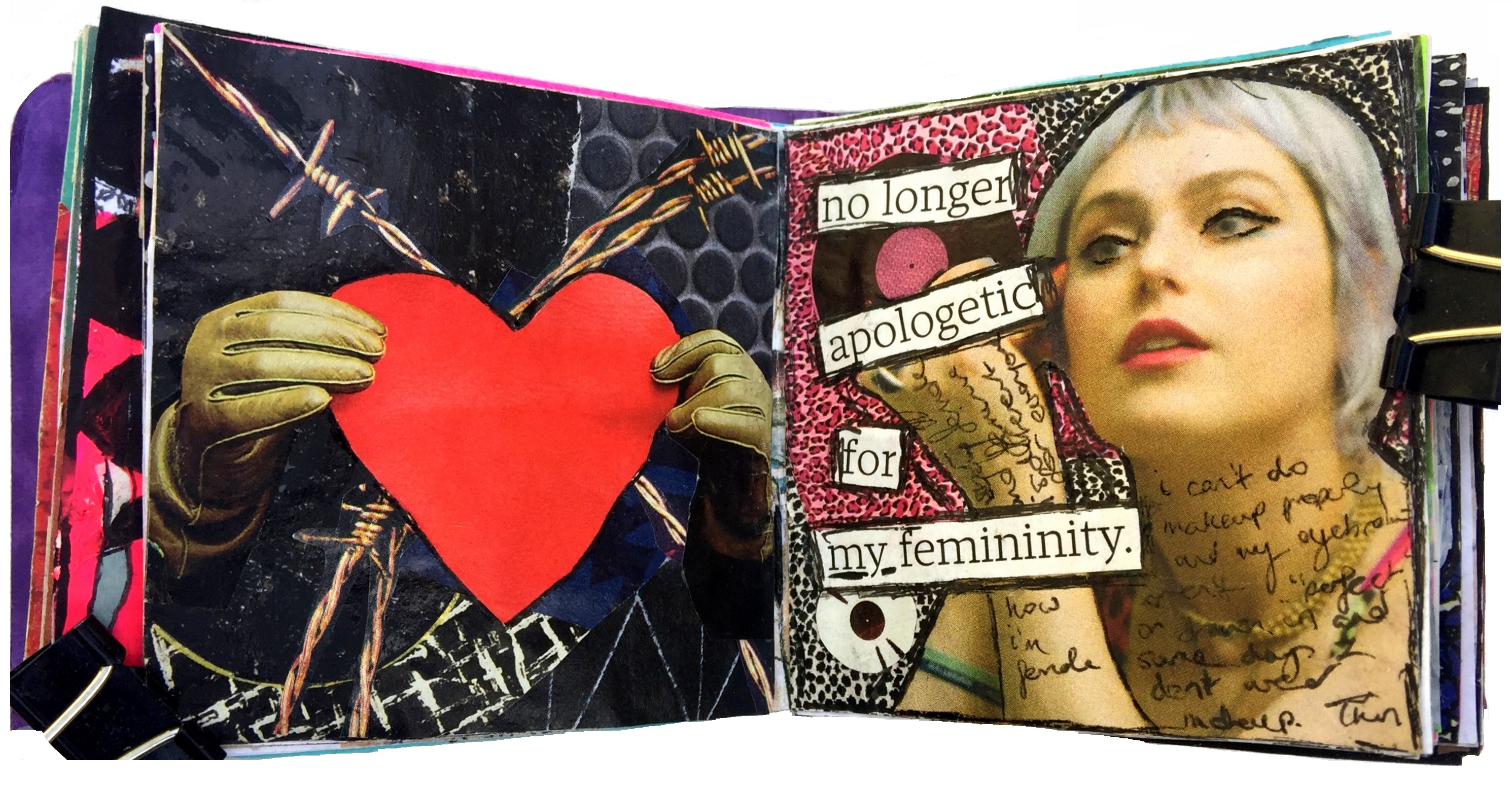 Day 7/365 of Year of Creative Habits. A mixed media art journal collage of someone holding a red paper heart among barbed wire and a collage of a woman putting on makeup with the words no longer apologetic for my femininity (paraphrased from Chimamanda Ngozi Adichie).