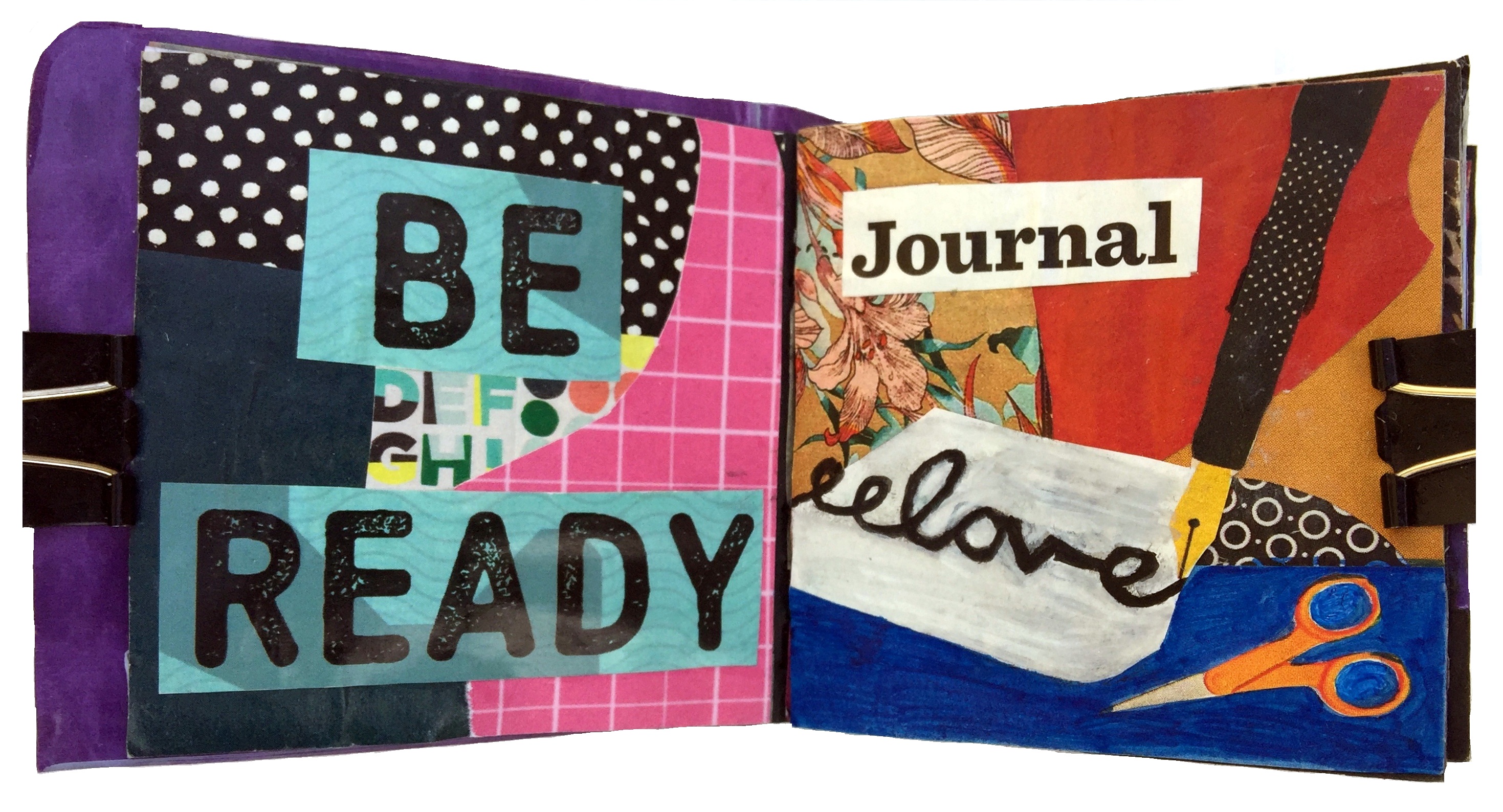 Practice post-its for my Year of Creative Habits, mixed media post-it art journal collages that say be ready and journal love.