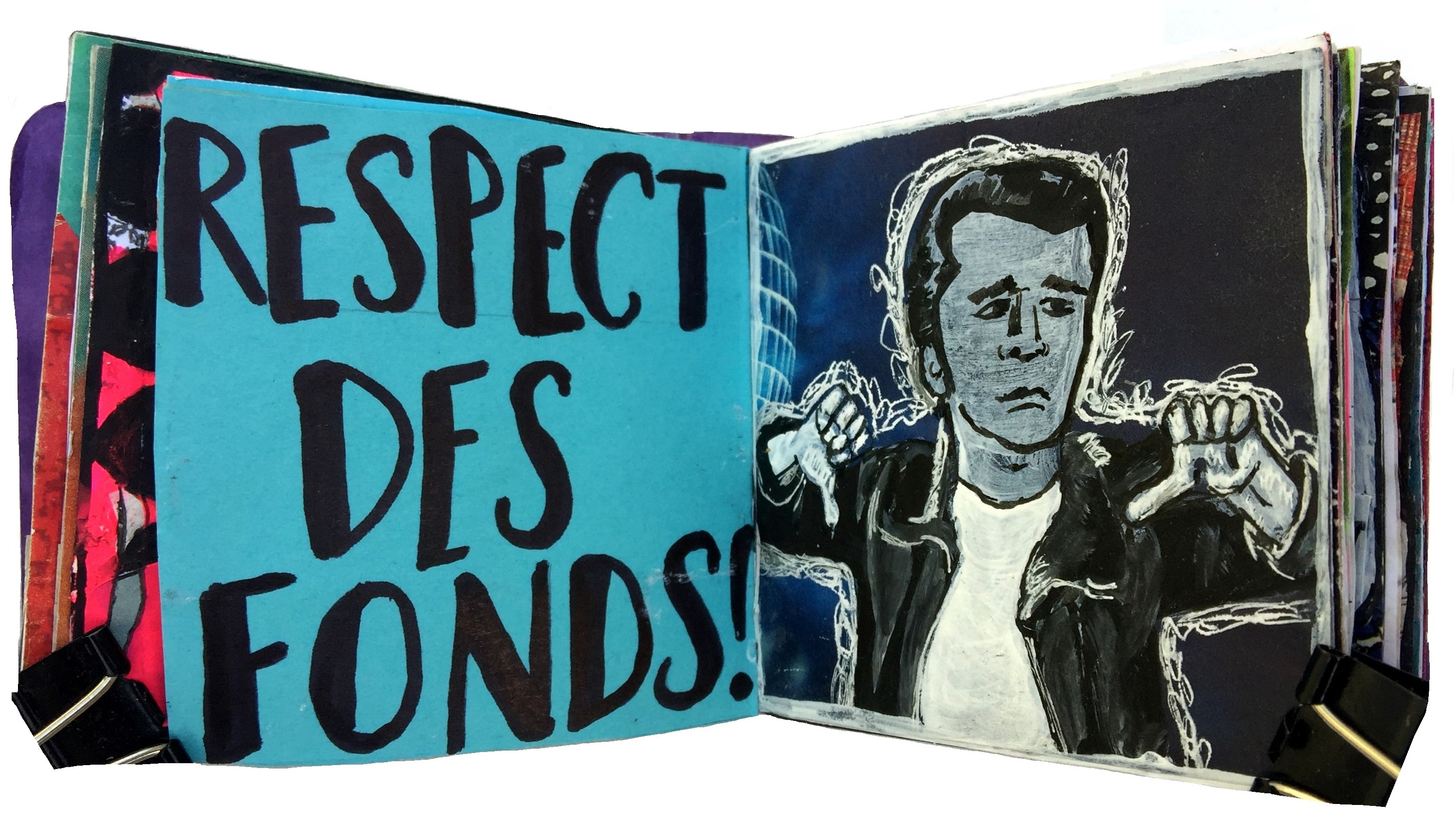 Day 5/365 of Year of Creative Habits. A mixed media art journal illustration of The Fonz from Happy Days giving a thumbs down, with the words respect des fonds (a silly archival joke).