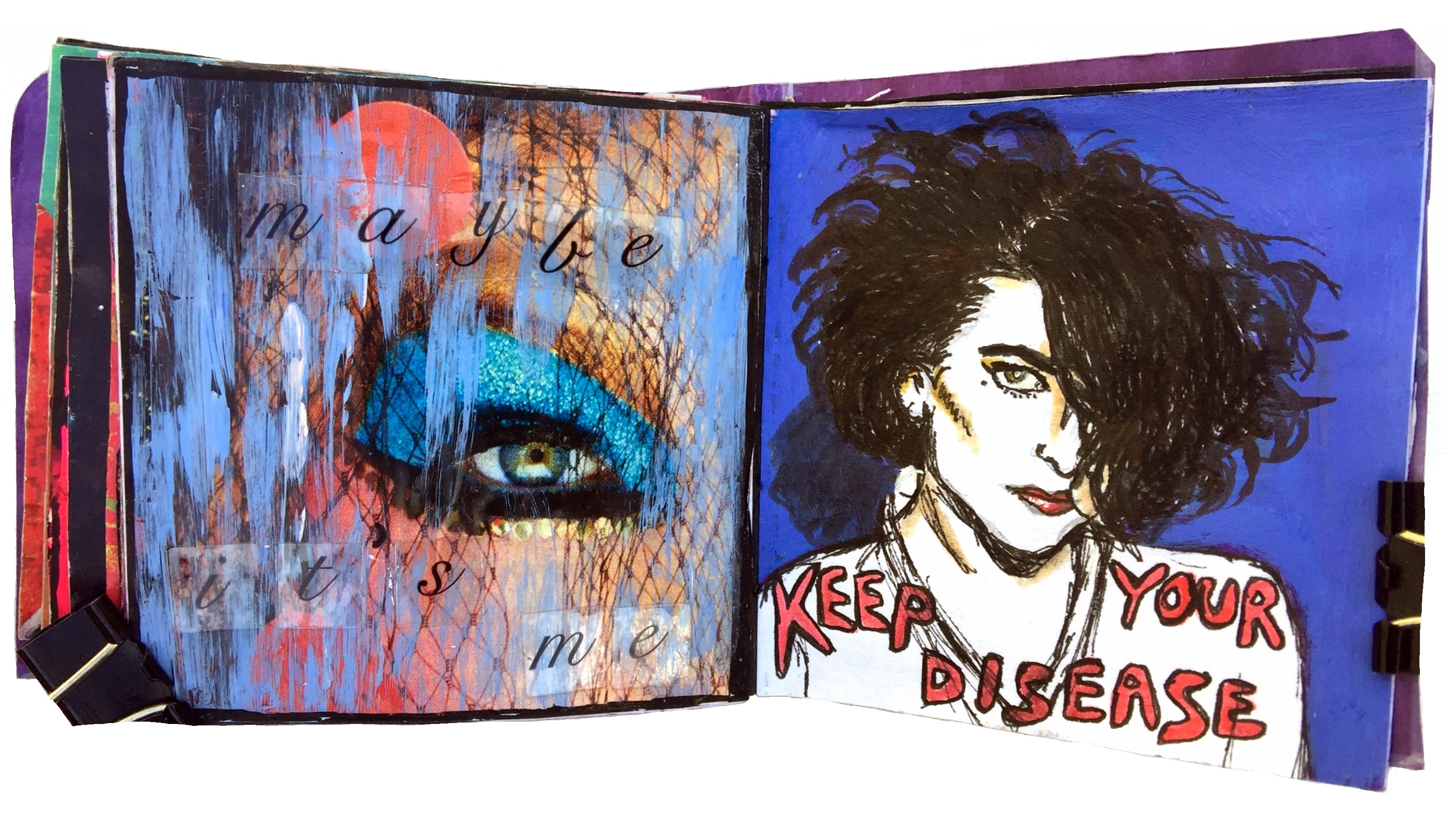 Day 14/365 of Year of Creative Habits. A mixed media art journal collage of an eye with the words maybe it's me and an illustration of the singer-songwriter BloodBoy with a song of hers that I couldn't get out of my head.