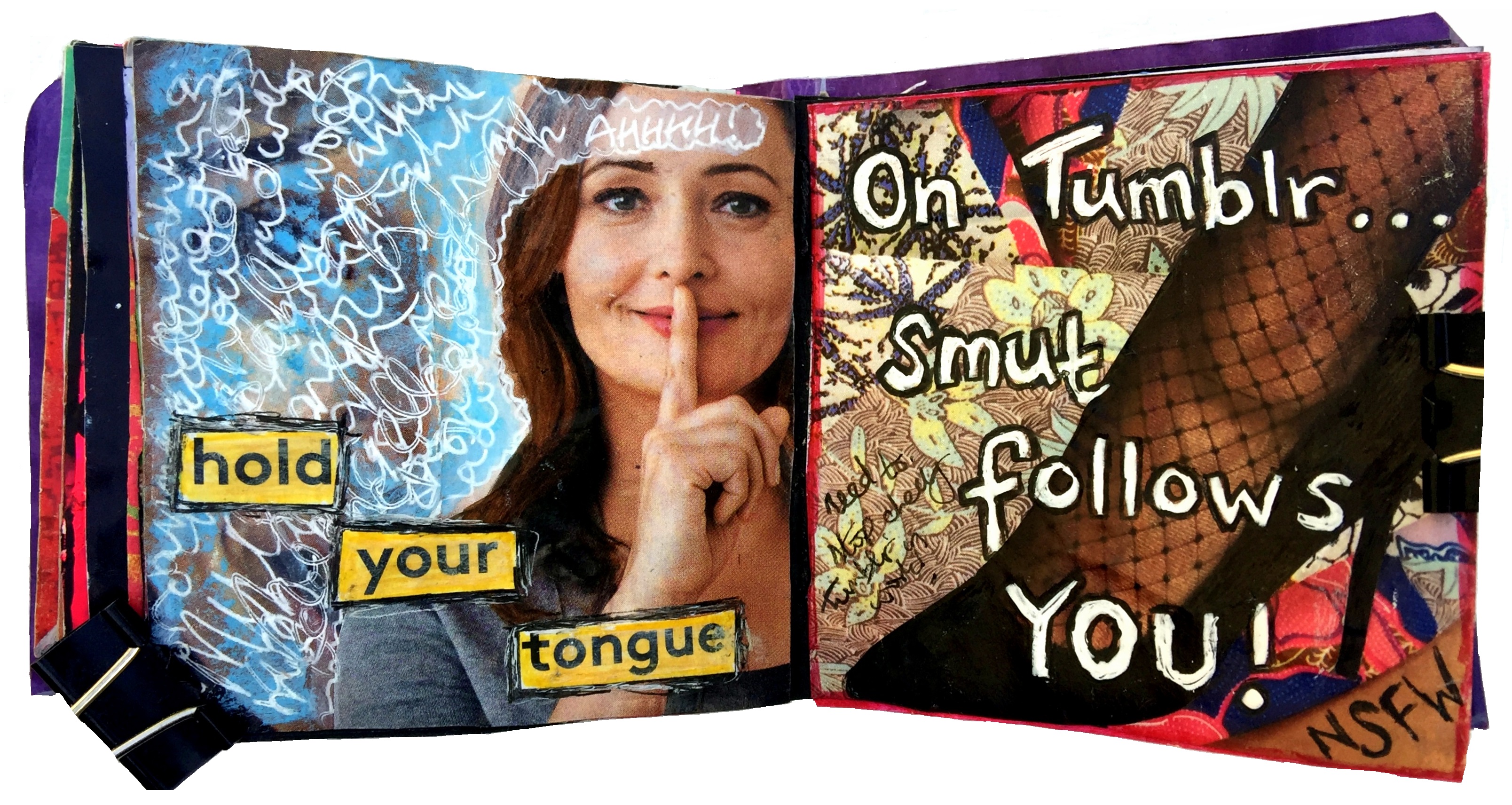 Day 13/365 of Year of Creative Habits. A mixed media art journal collage about keeping quiet and another about the amount of NSFW bots on Tumblr.