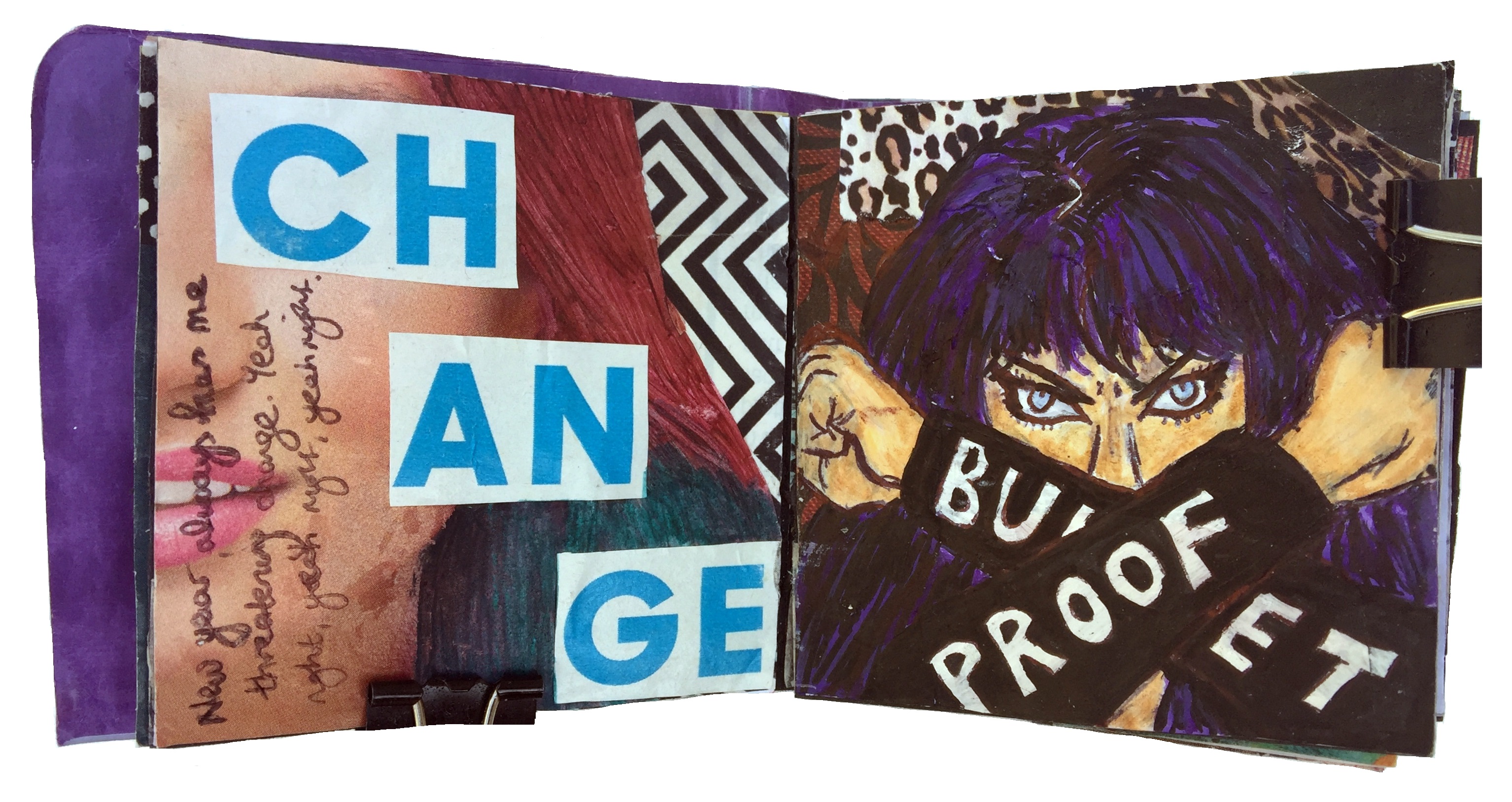 Practice post-its for my Year of Creative Habits, a mixed media post-it art journal collage that says change with musings on the New Year and an illustration of a purple-haired superhero with the words bulletproof on her arms.