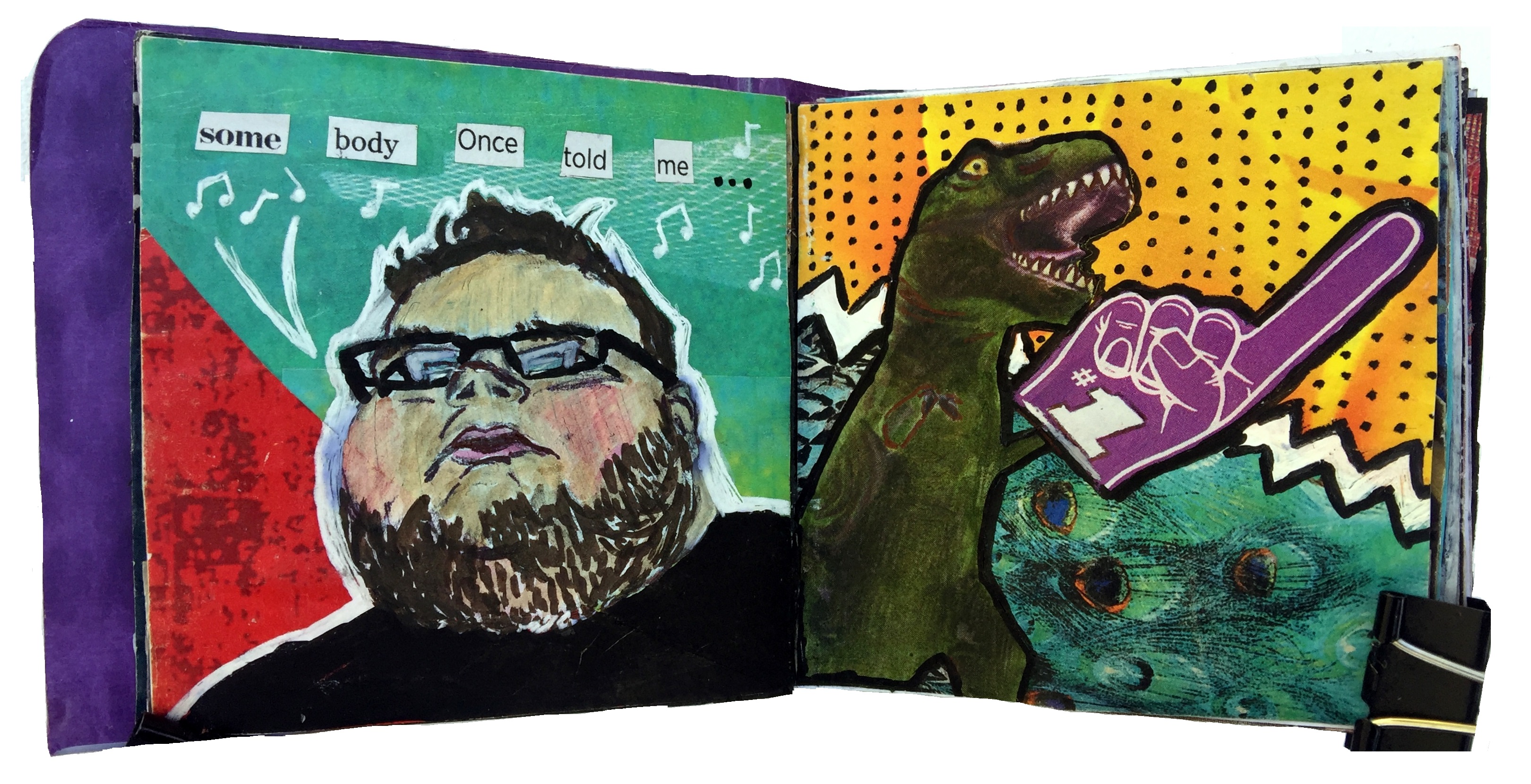 Day 2/365 of Year of Creative Habits. A mixed media art journal illustration of Jon Sudano with lyrics by Smash Mouth and a collage of a dinosaur with a foam finger.