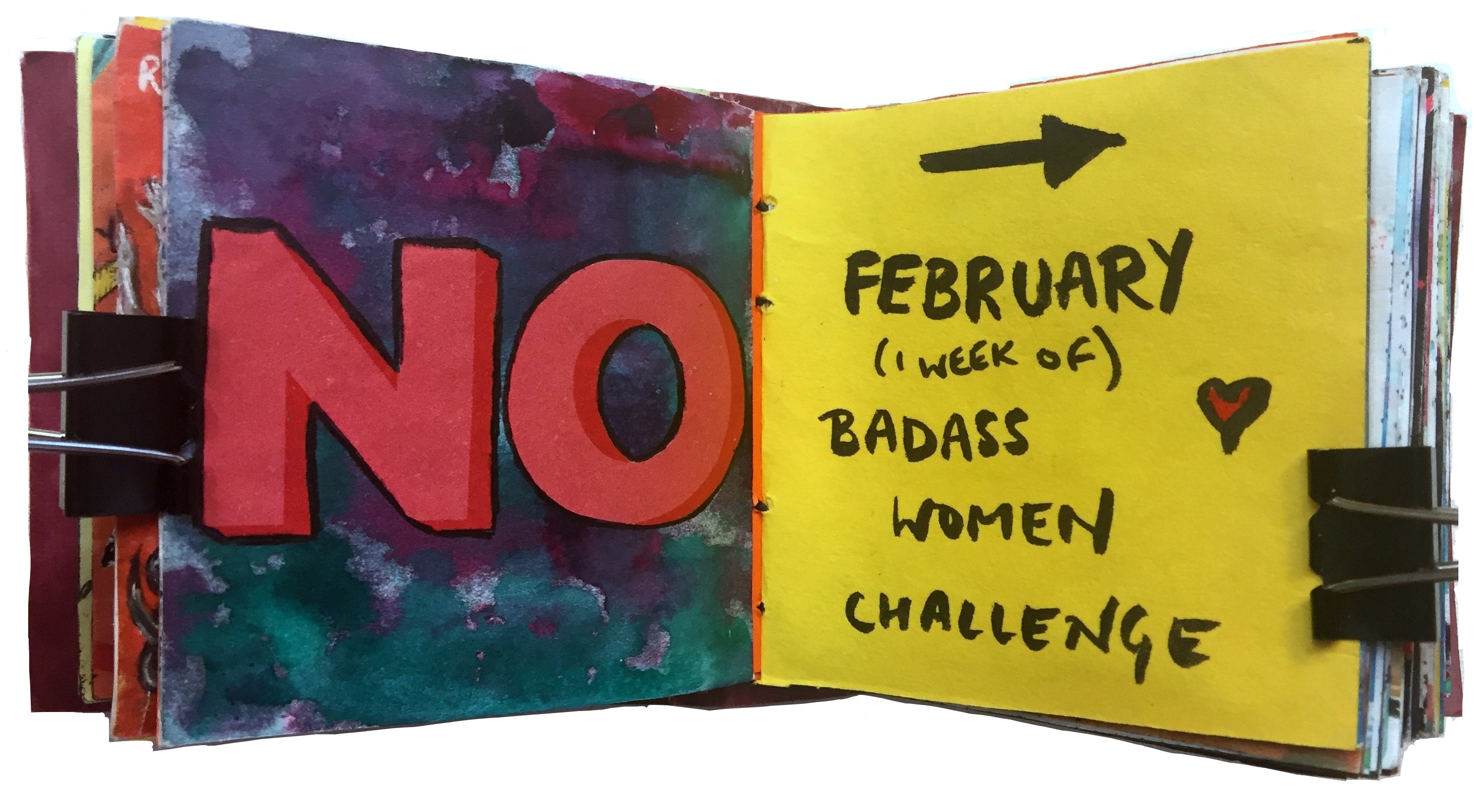 Day 31/365 of Year of Creative Habits. A mixed media art journal page of the word no against a colorful painted background and an introduction page to my badass women portraits.