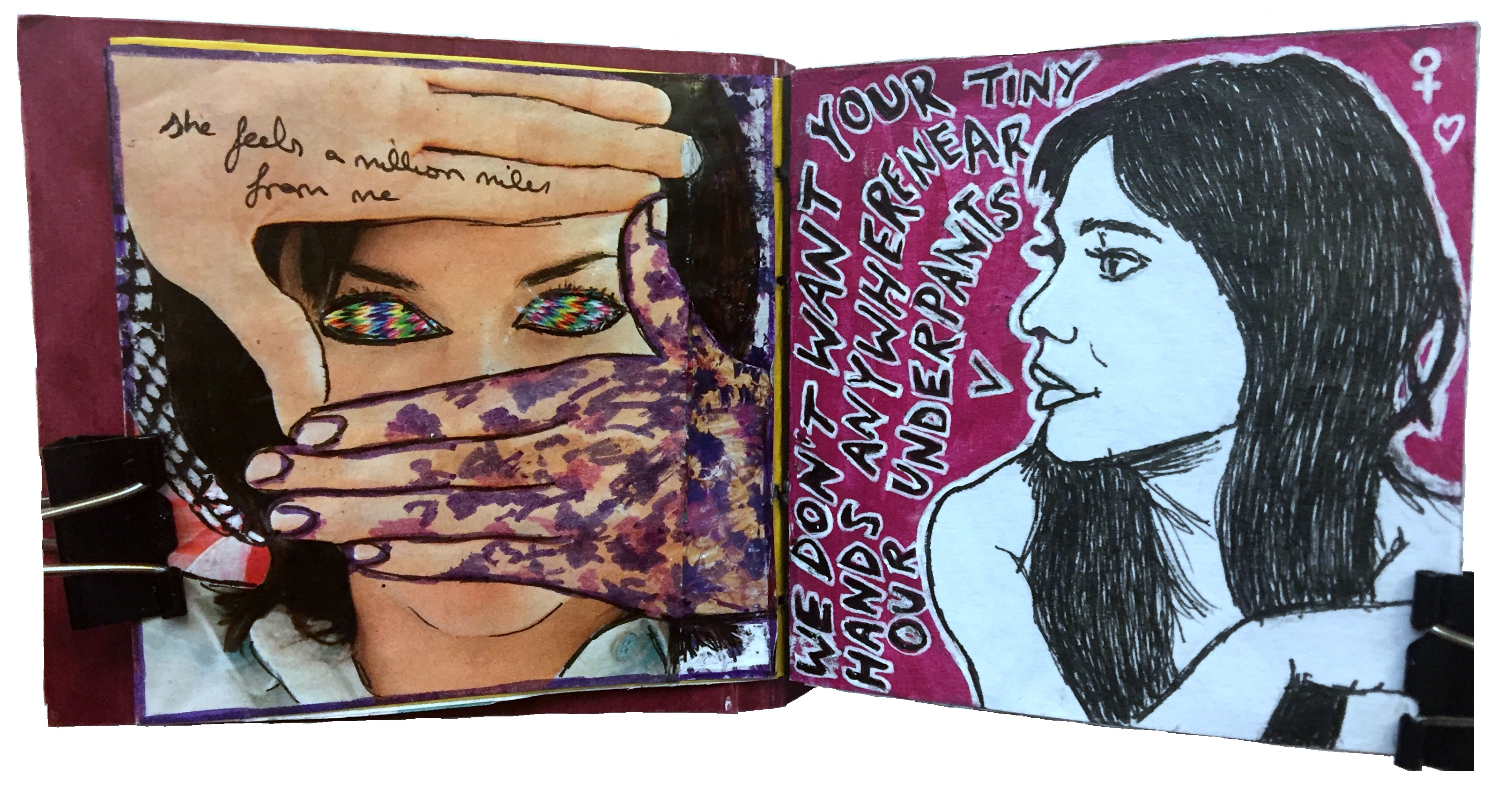 Days 18 and 19/365 of Year of Creative Habits. A mixed media art journal illustration of Fiona Apple with her women's march protest chant and a collage of a woman holding her hands up in a rectangle with the words she feels a million miles from me.