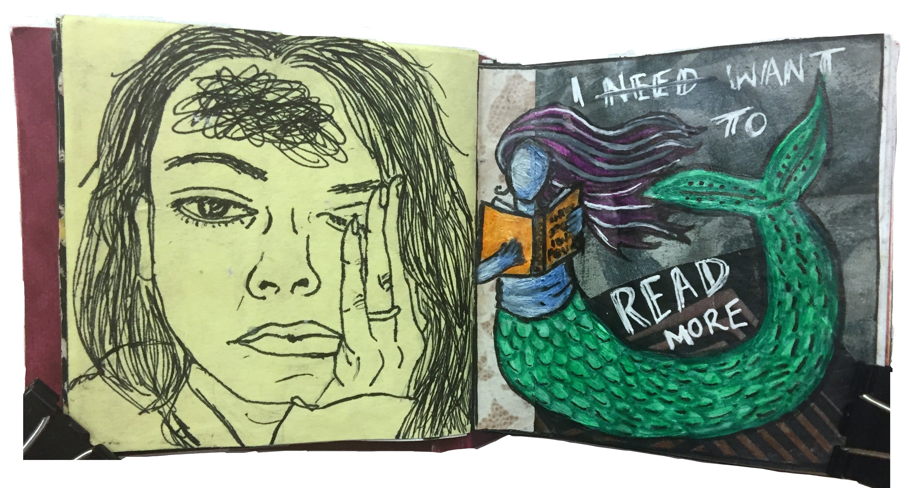 Days 24 and 25/365 of Year of Creative Habits. A mixed media art journal illustration of a self-portrait looking frazzled with a scribble at the top of my head and a collage of a mermaid reading a book.