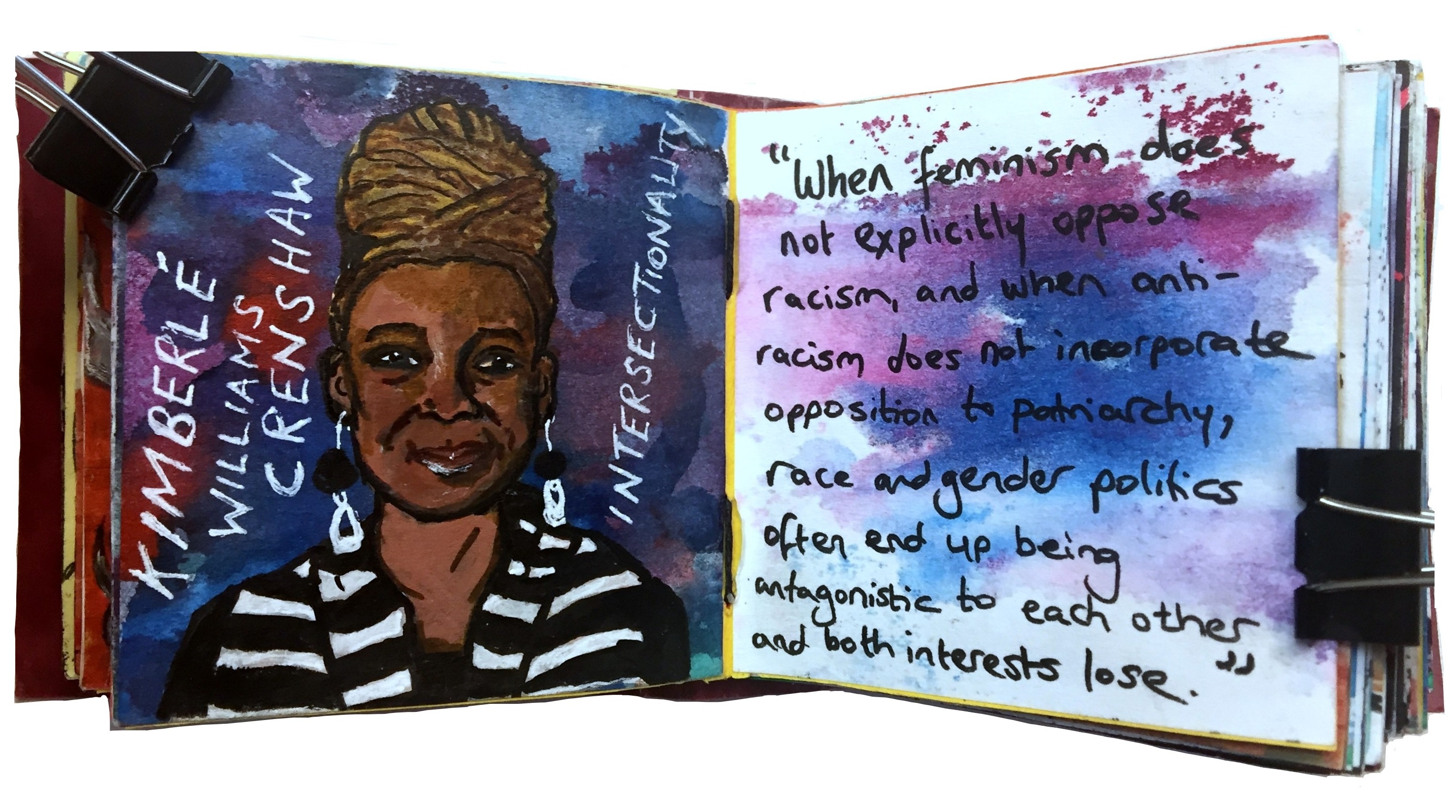 Day 32/365 of Year of Creative Habits. Day 1 of the Badass Women Challenge. A mixed media art journal illustration of Kimberlé Williams Crenshaw with a quote by her about intersectional feminism.