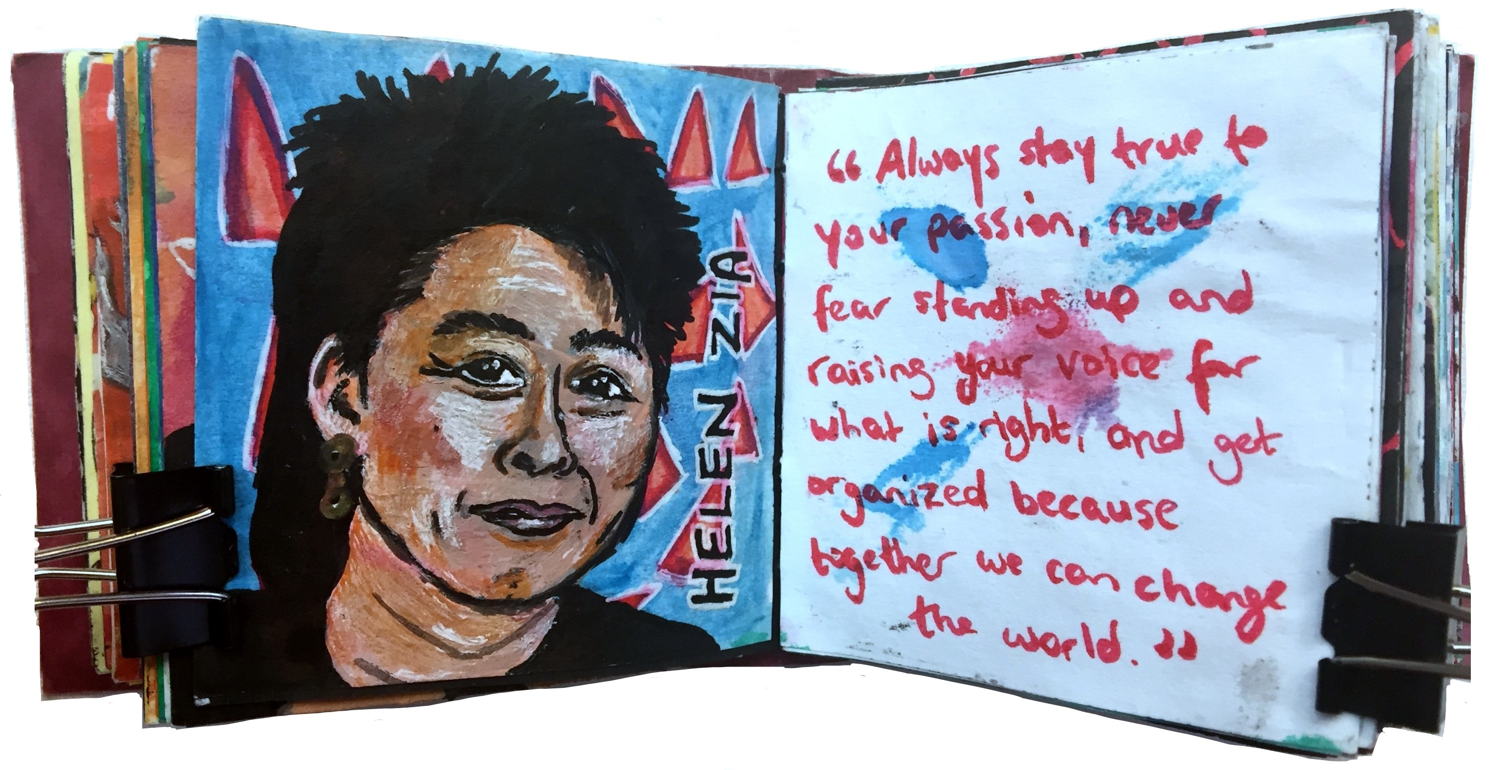 Day 38/365 of Year of Creative Habits. Day 7 of the Badass Badass Women Challenge. A mixed media art journal illustration of Helen Zia (not the best drawing) with a quote by her.