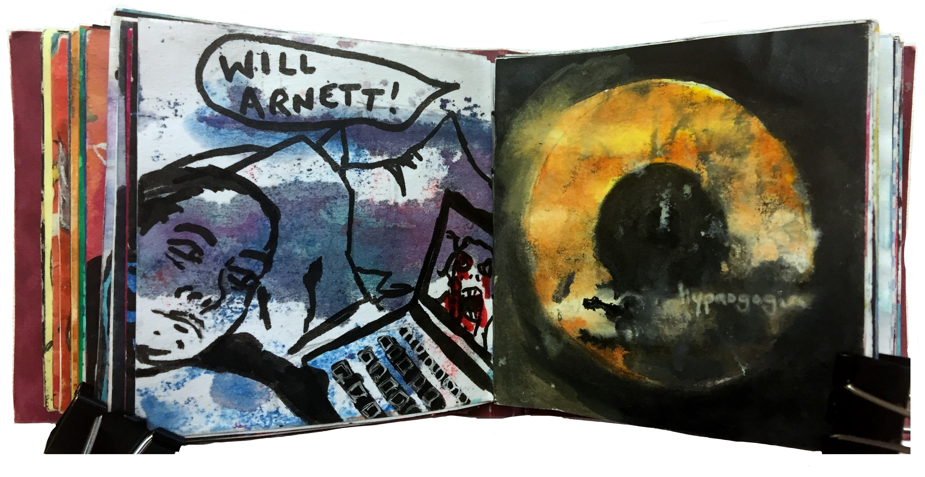 Days 47 and 48/365 of Year of Creative Habits. A mixed media art journal illustration of myself when I was sick, watching The Walking Dead in bed and having fever dreams about Will Arnett and an abstract art piece about hypnagogia.