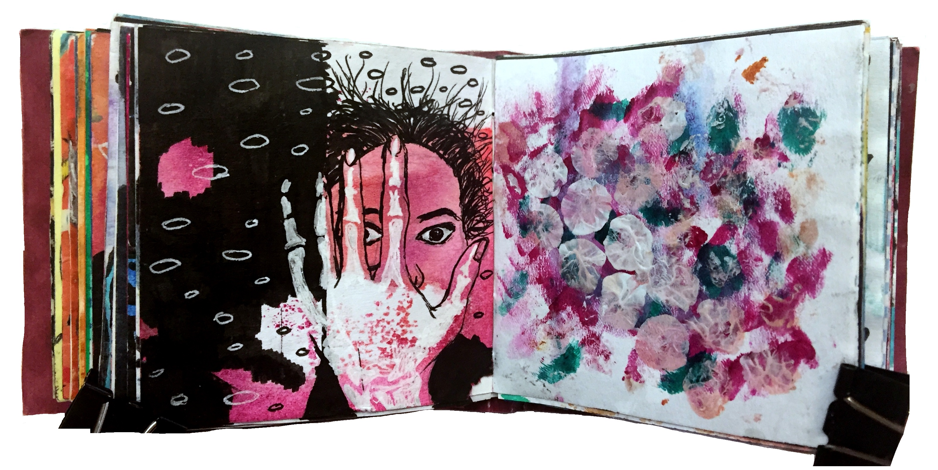 Days 49 and 50/365 of Year of Creative Habits. A mixed media art journal illustration of myself when I was sick and contemplating existence (ha) and an abstract painting.