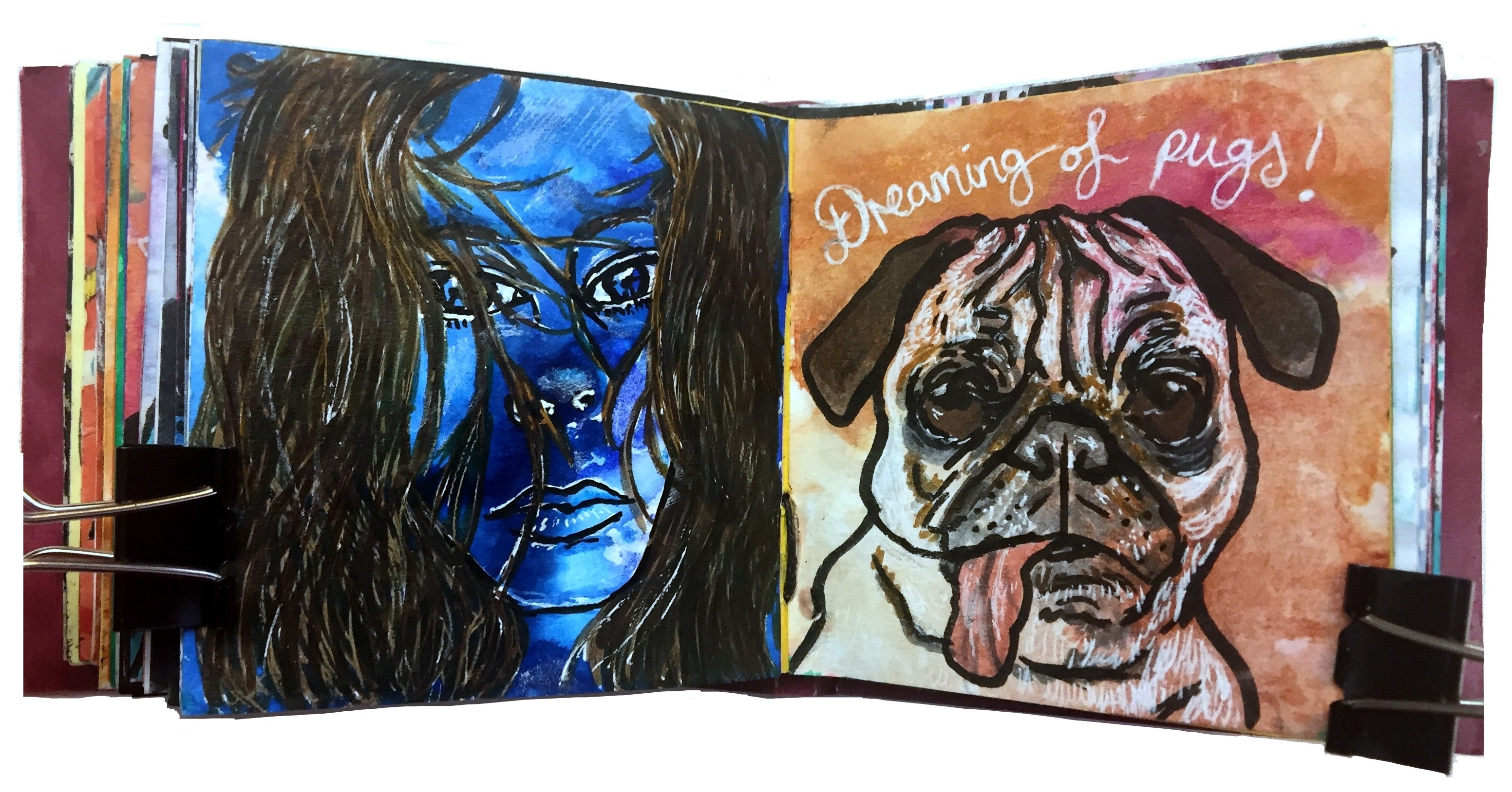 Days 52 and 53/365 of Year of Creative Habits. A mixed media art journal illustration of a woman in blue looking sad and a drawing of a pug with its tongue sticking out with the words dreaming of pugs! above him.