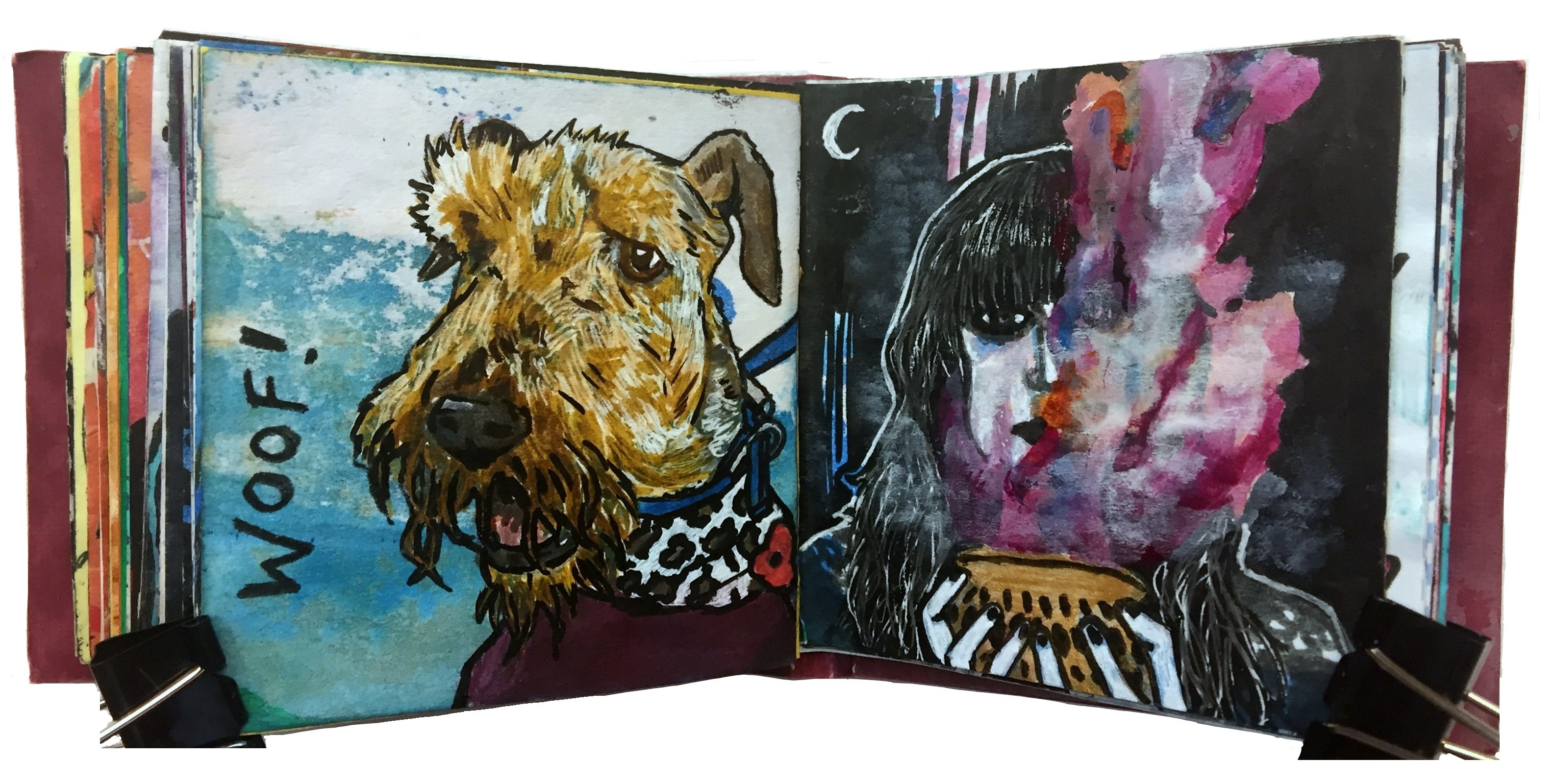 Days 54 and 55/365 of Year of Creative Habits. A mixed media art journal illustration of a cute Airedale dog saying woof! and a witchy drawing inspired by Mlny Parsonz of the band Royal Thunder. The witchy drawing was featured in Girls Only zine, Issue V: Mystic (Spring 2017).