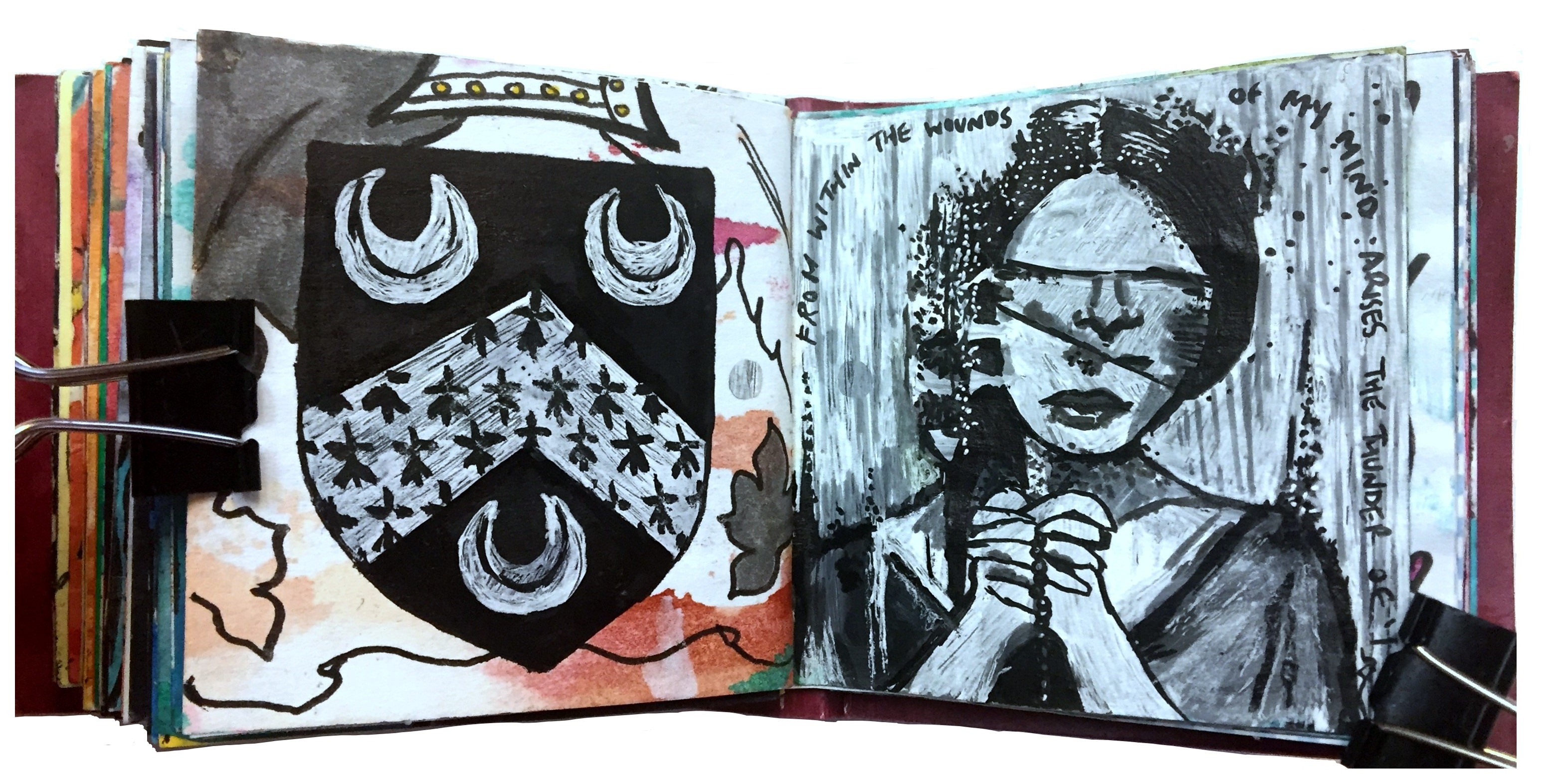 Days 58 and 59/365 of Year of Creative Habits. A mixed media art journal illustration of my family crest and an illustration of the cover of Servus by the doom metal band Bathsheba (original artwork by Olivier Lomer-Wilbers) and lyrics by the band.