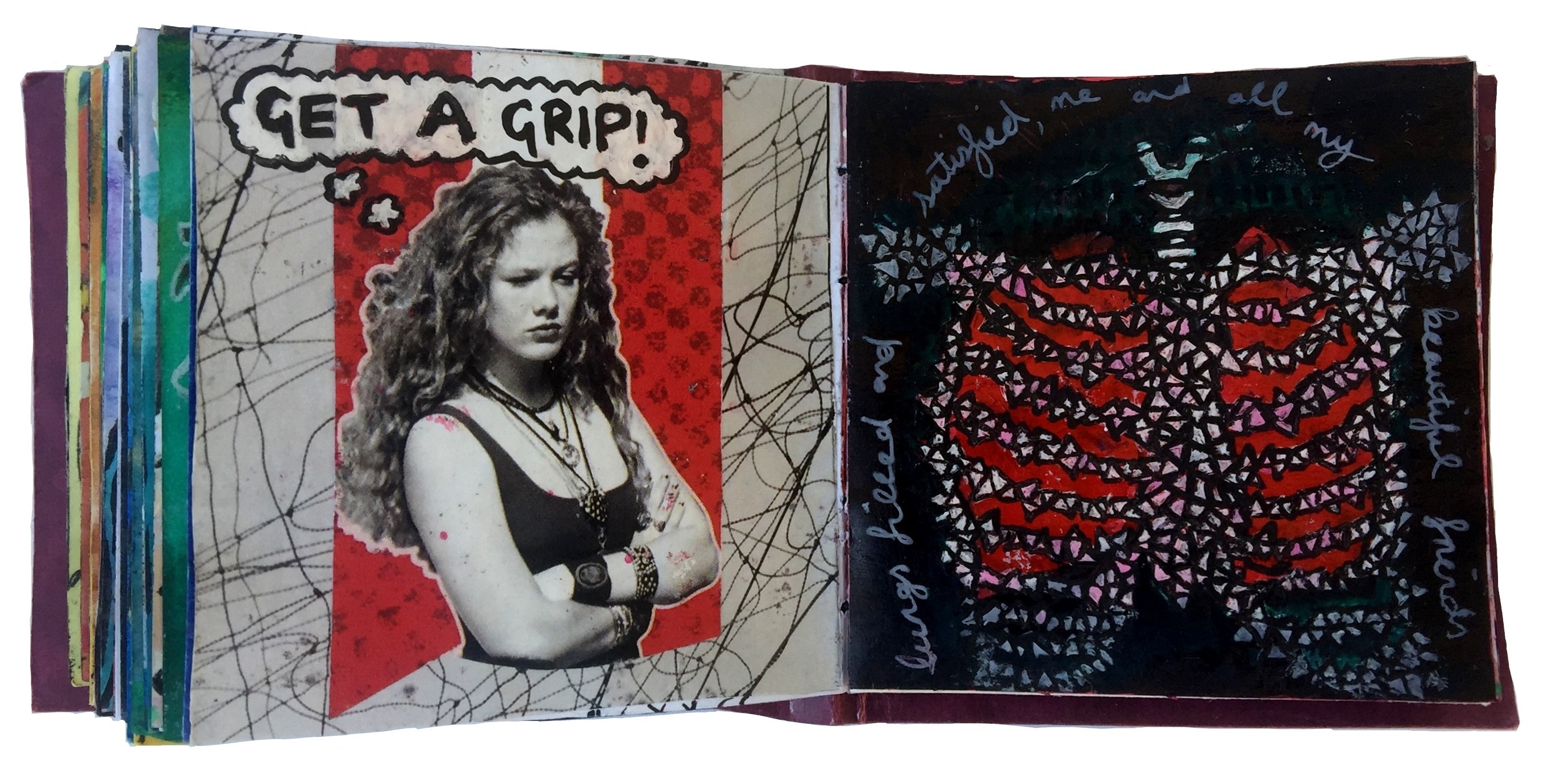 Days 64 and 65/365 of Year of Creative Habits. A mixed media art journal collage of a woman looking grumpy and thinking get a grip and a drawing of a rib cage and lungs with lyrics by the band Jucifer surrounding it.
