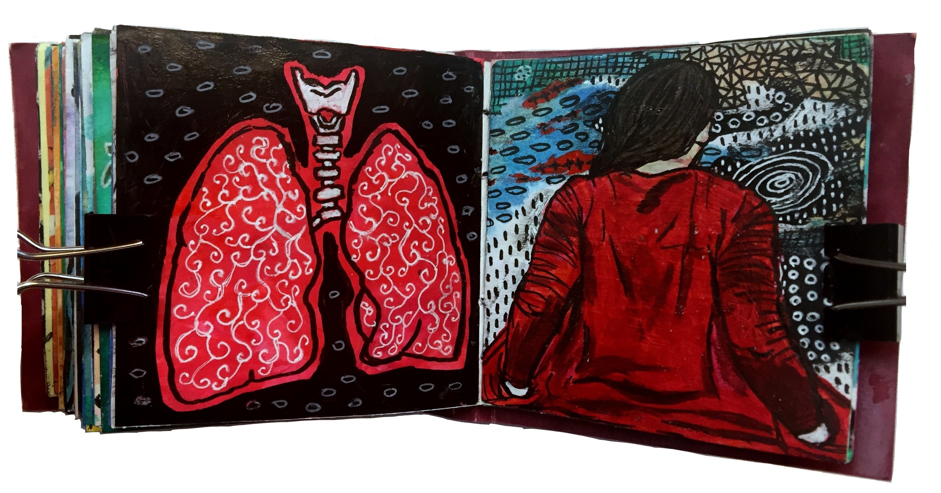 Days 65b and 67/365 of Year of Creative Habits. A mixed media art journal illustration of lungs and my back for the emBODY challenge.