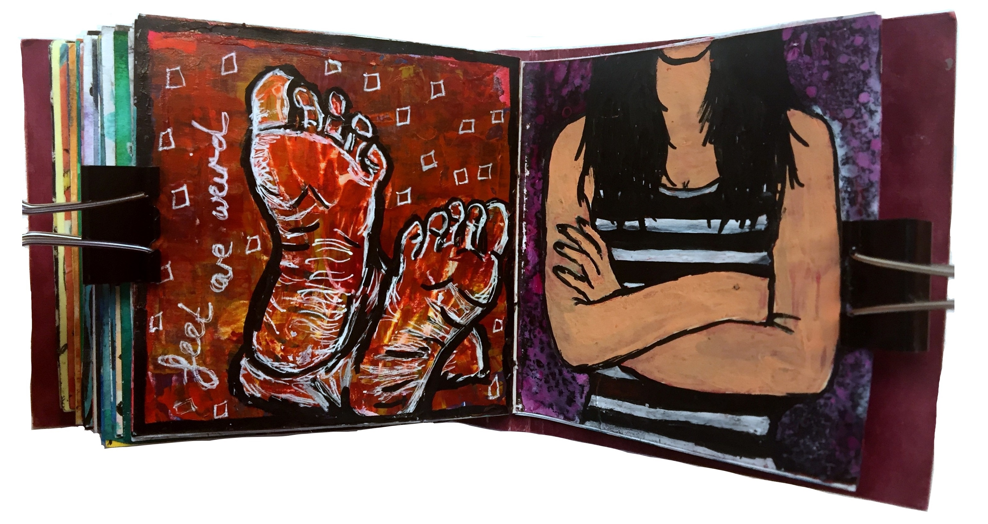 Days 70 and 71/365 of Year of Creative Habits. A mixed media art journal illustration of feet (not kink shaming, my feet are just weird!) and arms for the emBODY challenge.