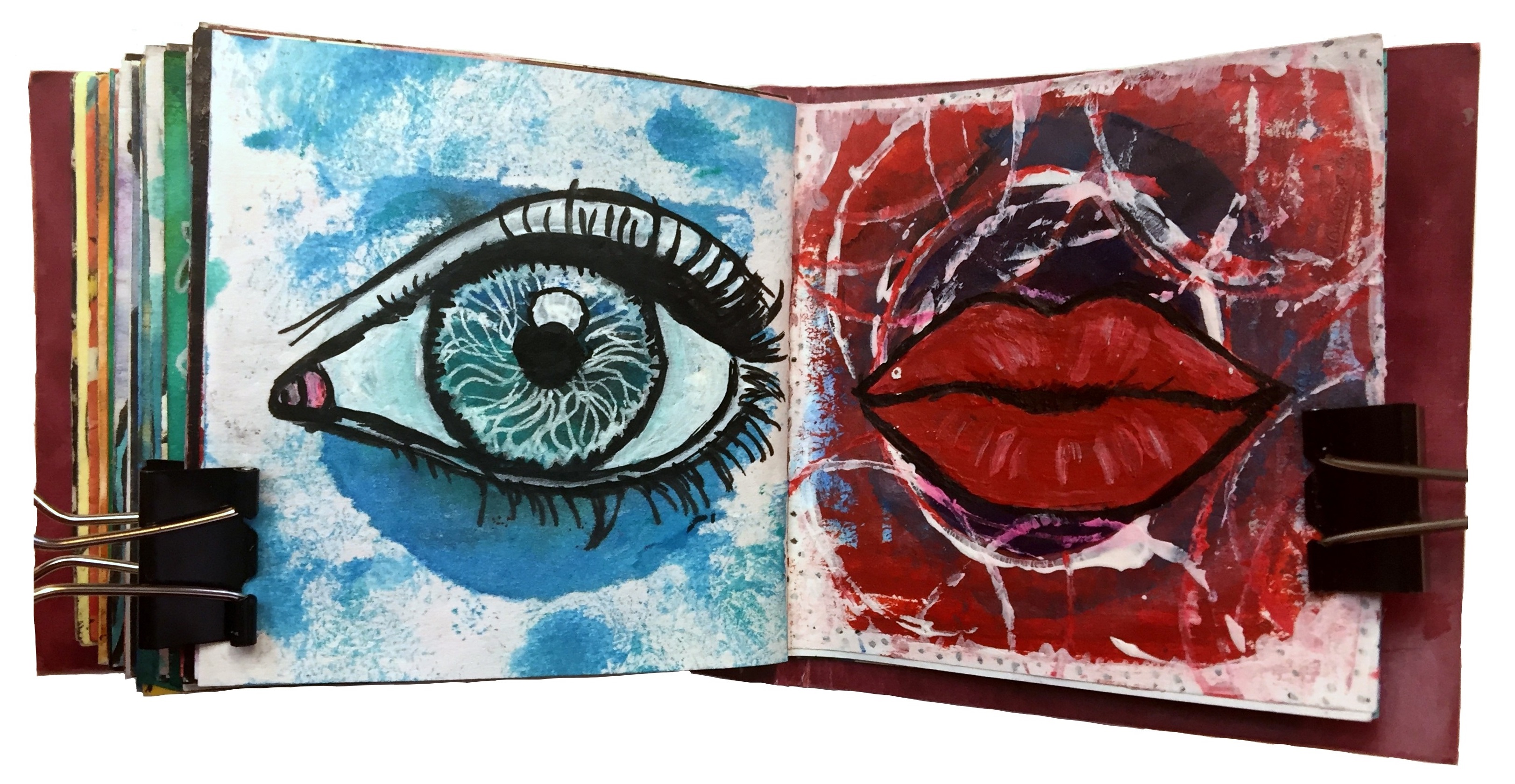 Days 72 and 73/365 of Year of Creative Habits. A mixed media art journal illustration of an eye and lips for the emBODY challenge.