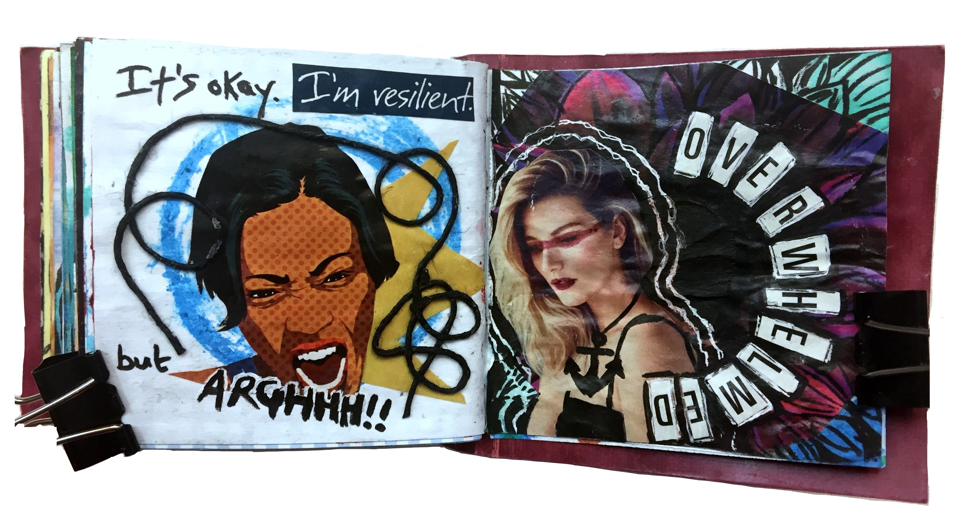 Days 74 and 75/365 of Year of Creative Habits. A mixed media art journal collage of a woman yelling and a woman feeling overwhelmed with an anchor around her neck.