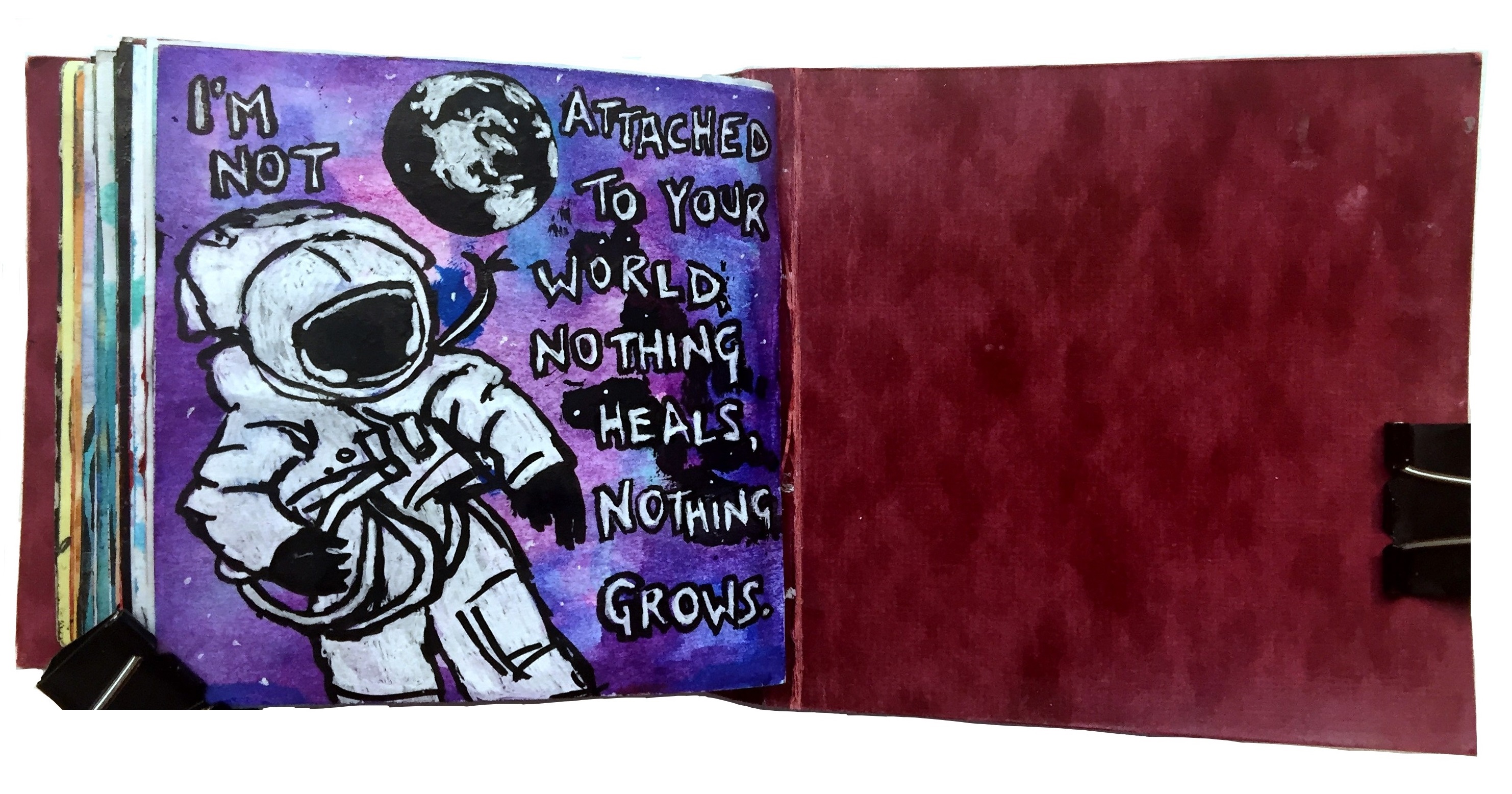 Day 76/365 of Year of Creative Habits. A mixed media post-it art journal illustration of an astronaut in the galaxy/space looking at the Earth with lyrics by Marilyn Manson (no longer a fan).