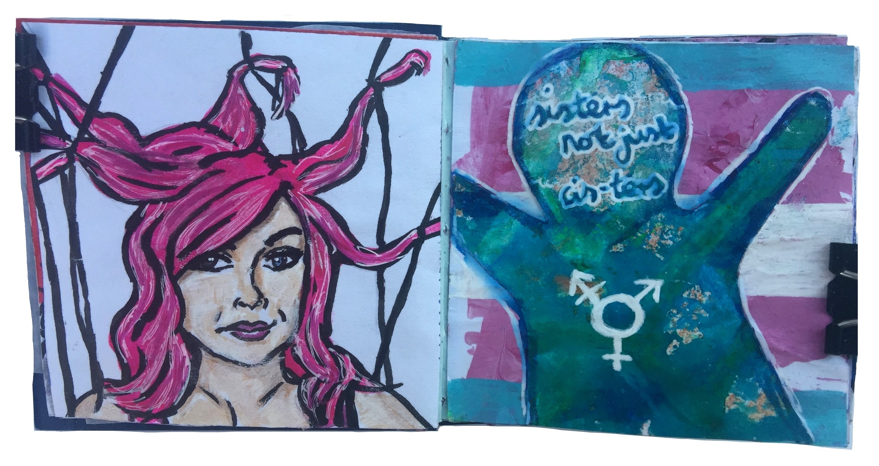 Days 87 and 90/365 of Year of Creative Habits. A mixed media post-it art journal illustration of a woman with her pink hair tied up by string (reference from Sktchy) and a collage of the transgender flag behind a paper doll with a transgender symbol and the words sisters not just cis-ters (for trans visibility day).