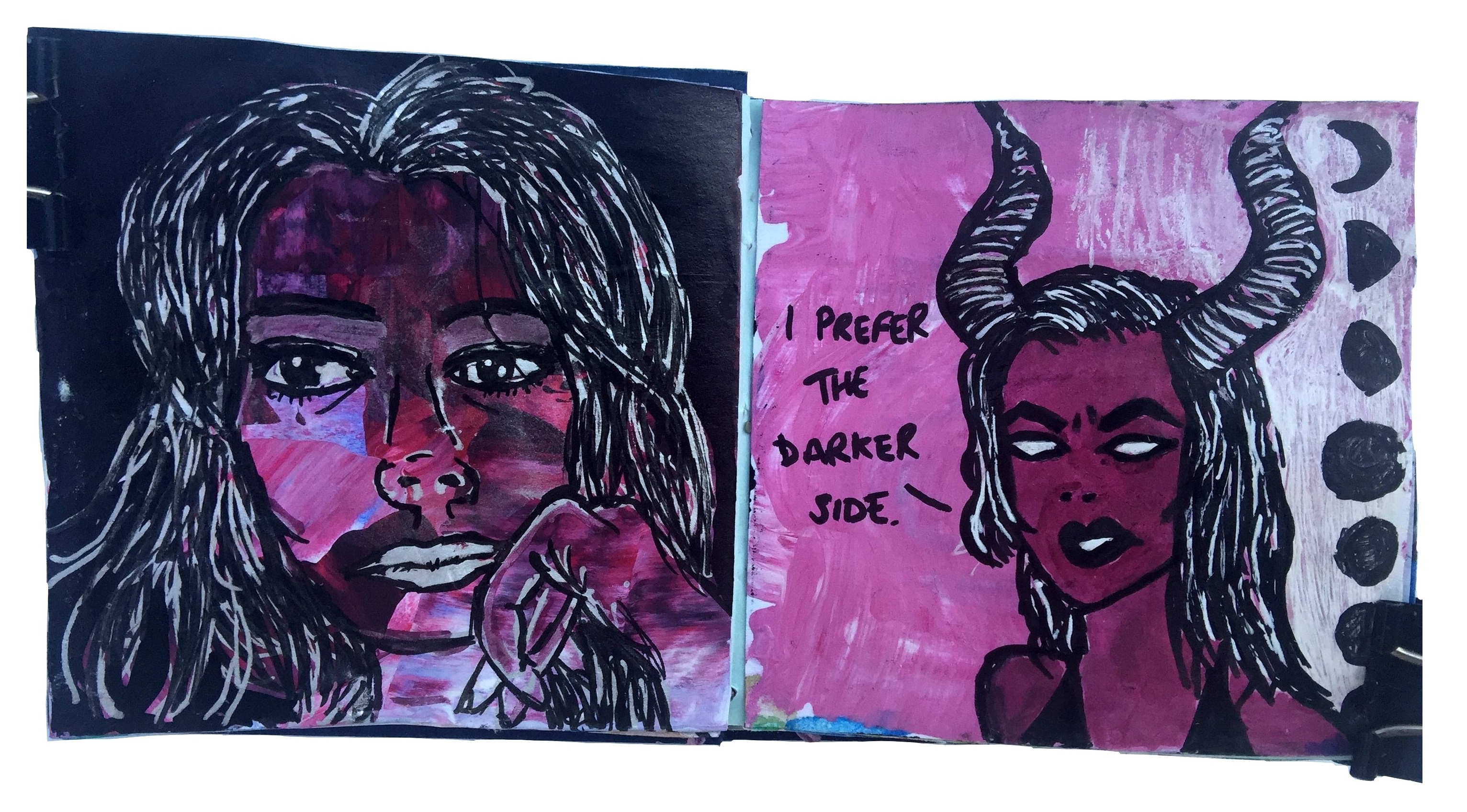 Days 92 and 93/365 of Year of Creative Habits. A mixed media post-it art journal illustration of myself looking sad and a horned devil woman saying I prefer the darker side with a moon phase next to her.