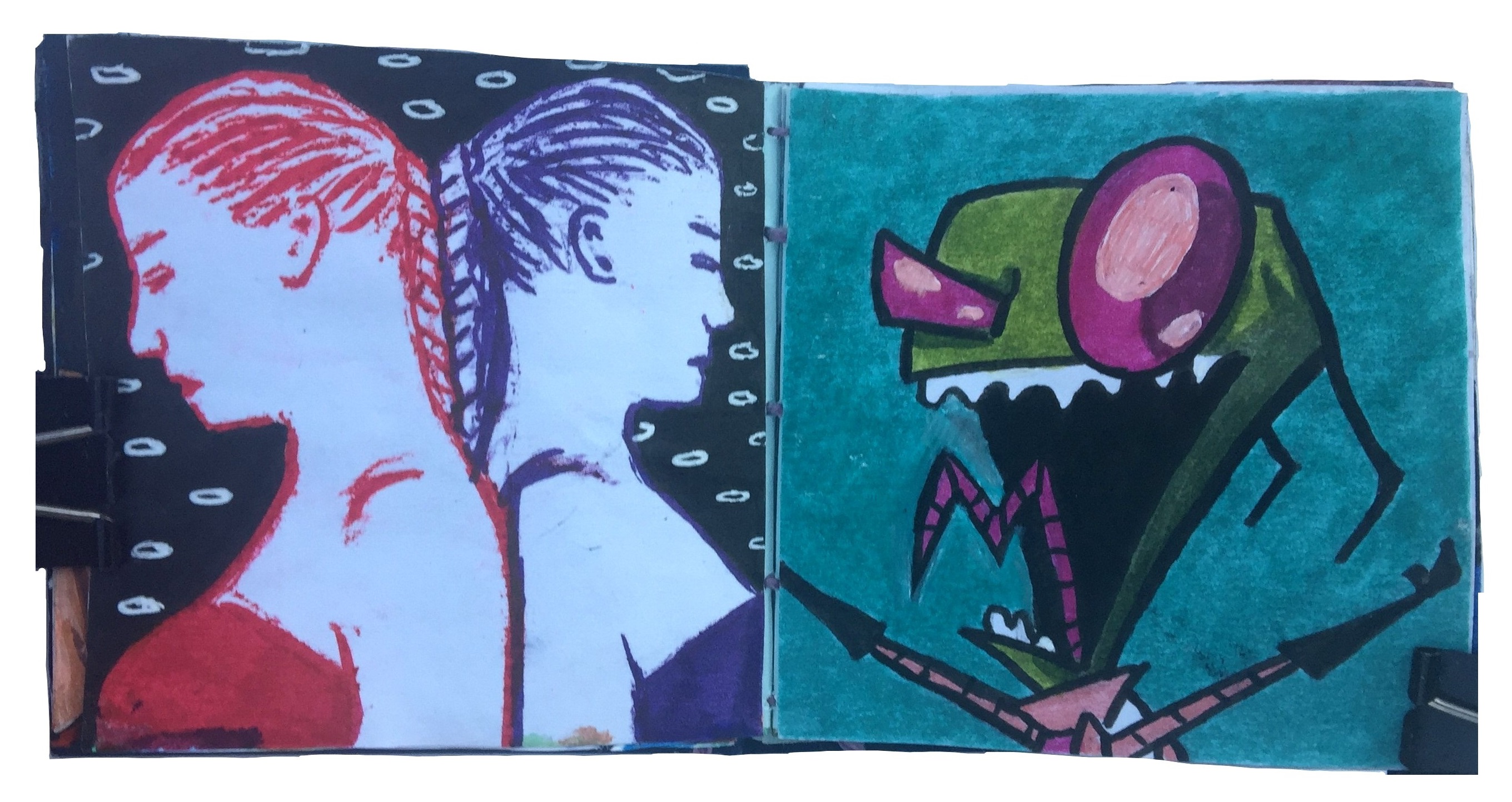 Days 97b and 98/365 of Year of Creative Habits. A mixed media post-it art journal illustration of women standing back to back and a drawing of Invader Zim.