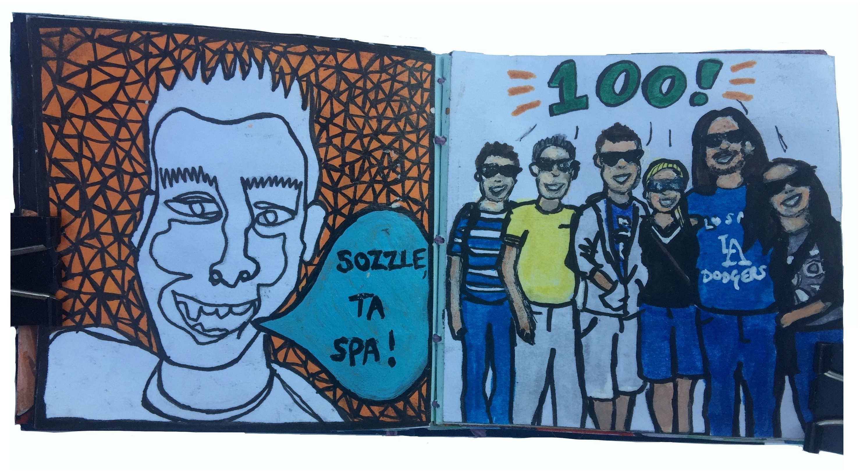 Day 99 and 100/365 of Year of Creative Habits. A mixed media post-it art journal illustration of a my brother (blind contour) saying sozzle, ta spa! and an illustration of my family visiting me in Los Angeles.