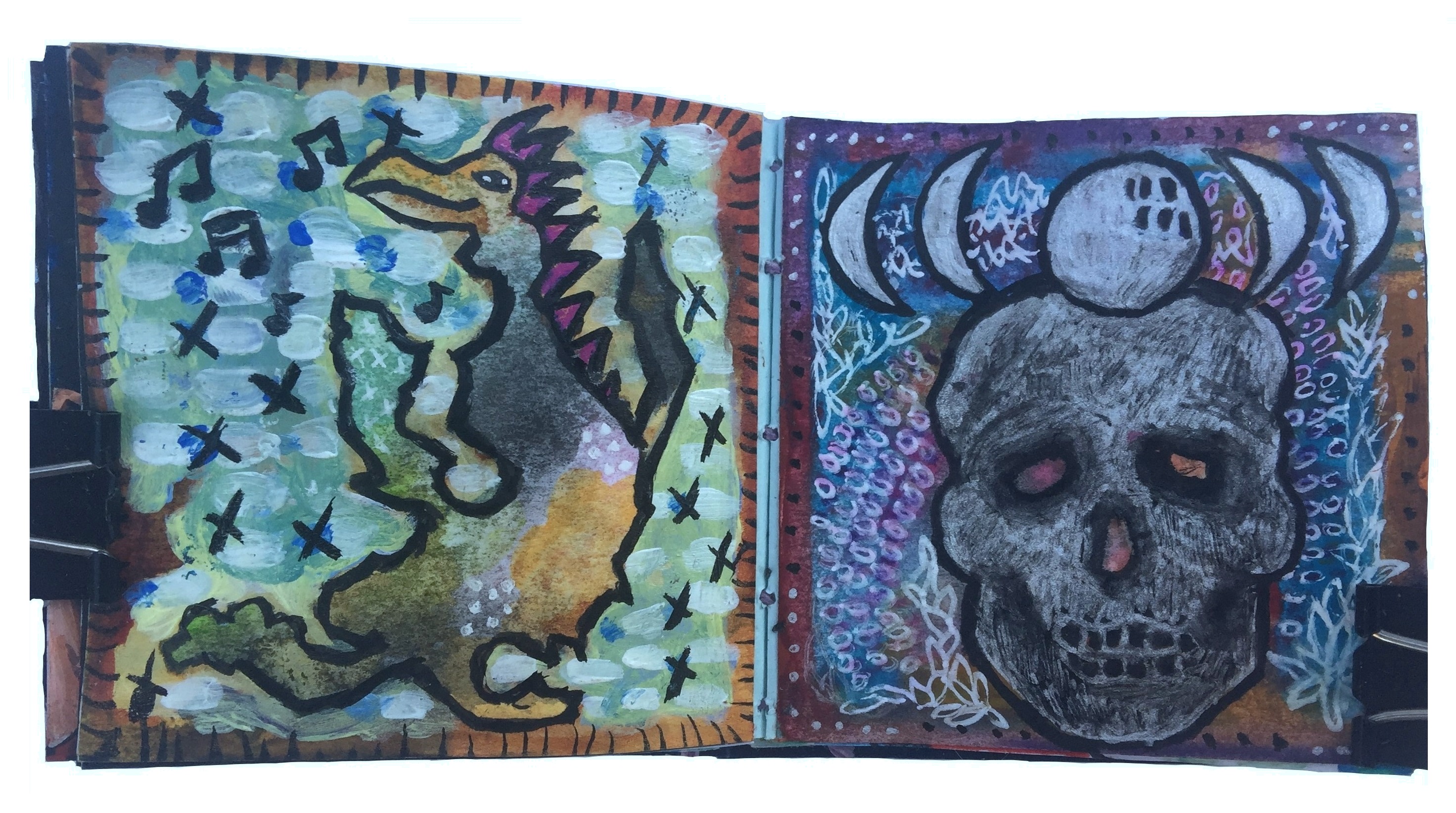 Day 101 and 102/365 of Year of Creative Habits. A mixed media post-it art journal illustration of a dancing punk dragon (?) and a skull with a moon above it.