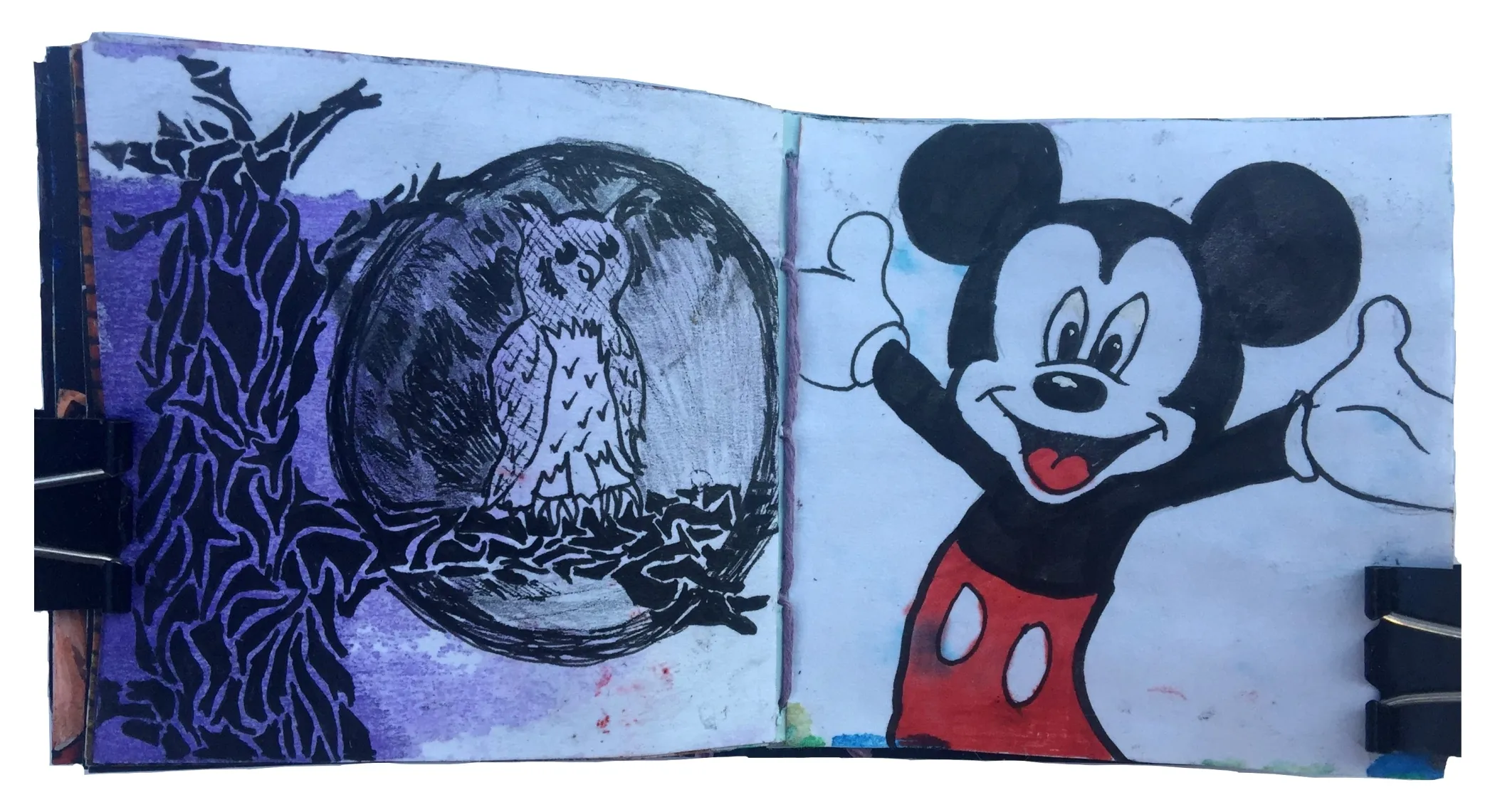Days 103-104/365 of Year of Creative Habits. Illustrations of an owl I saw on a pub sign and Mickey Mouse. These swere drawn in a rush when I was at Disneyland.