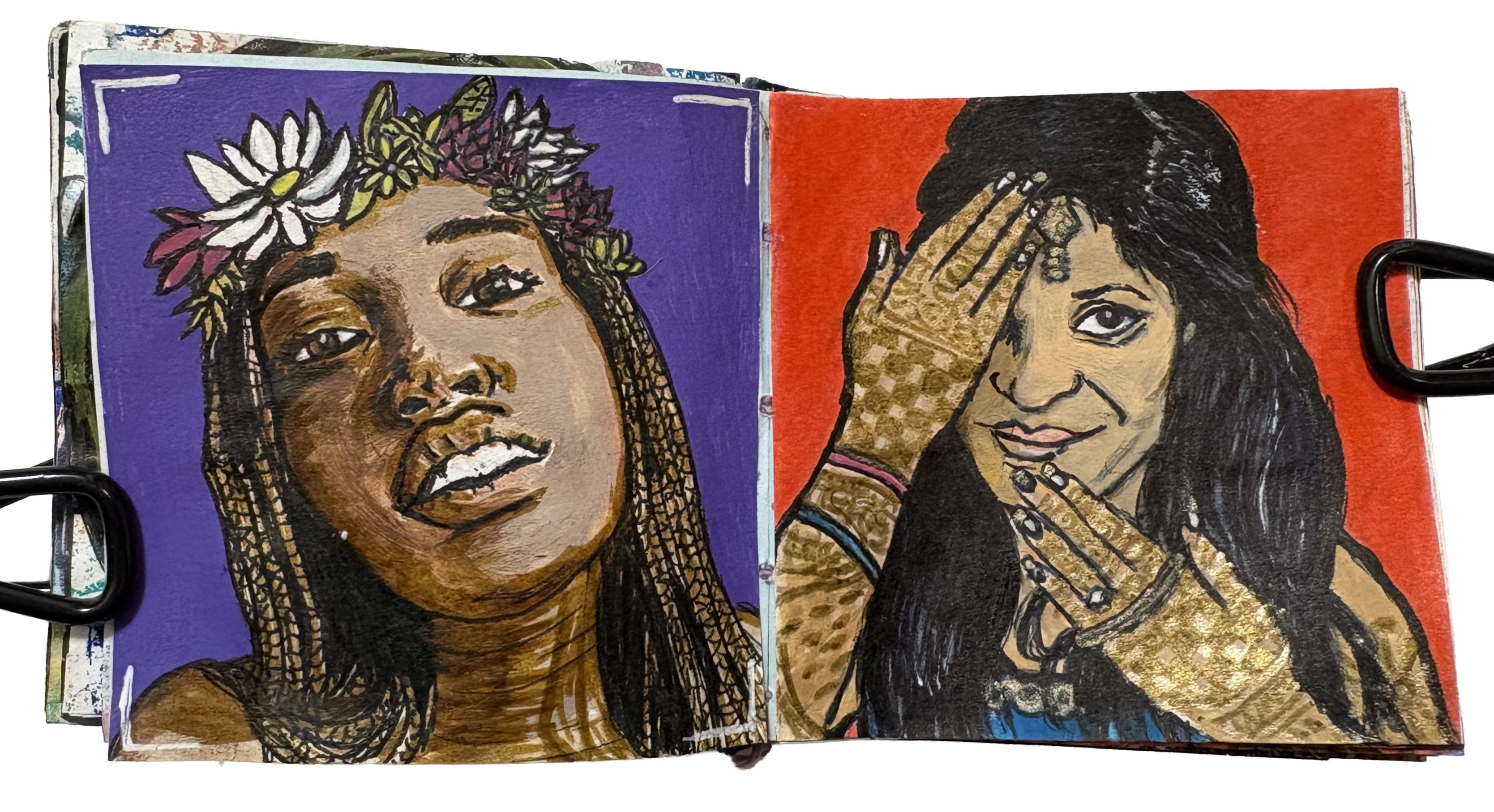 Portraits drawn from the Sktchy app on post-its. The first portrait is of a woman in a flower crown. The second portrait is of a bride on her wedding day with mehndi/henna tattoos on her hands.