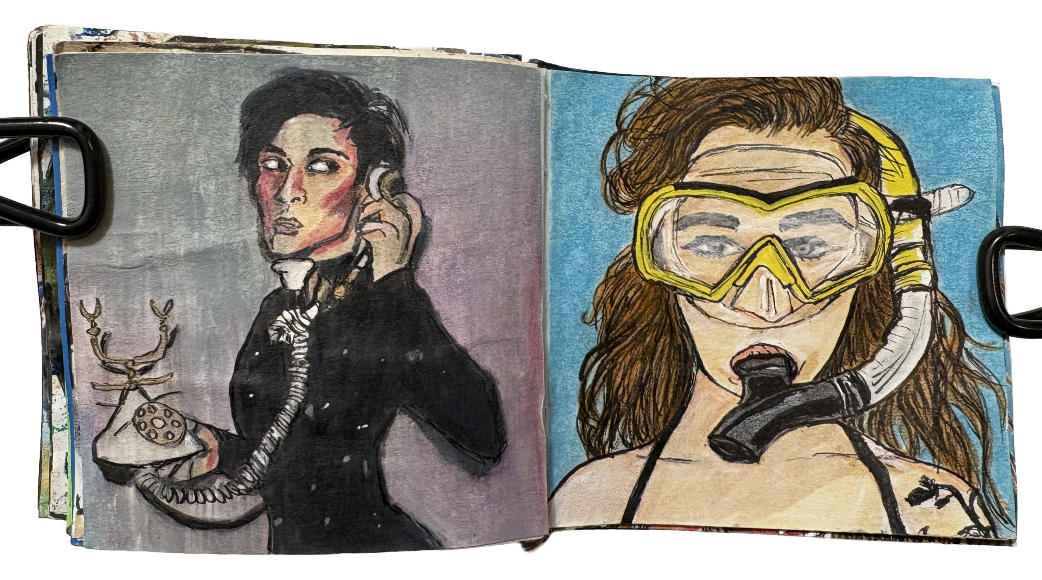 Portraits drawn from the Sktchy app on post-its. The first portrait is of a fancy man in black posing with a rotary phone. The second portrait is of a brunette woman wearing scuba diving gear.