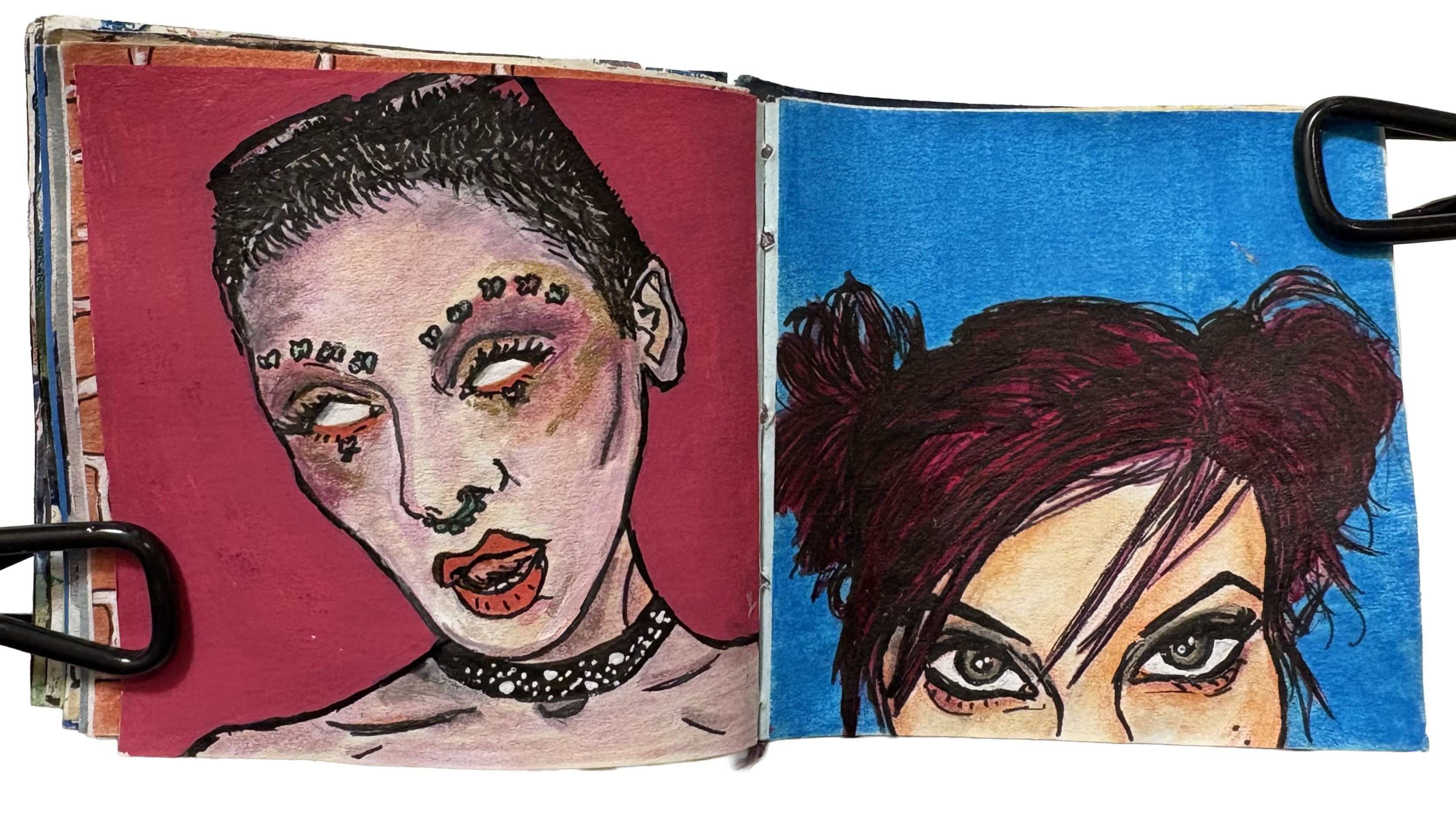 Portraits drawn from the Sktchy app on post-its. The first portrait is of a shaved haired person with strange makeup and piercings with their eyes rolled back. The second portrait is of half a woman’s face showing her eyes and purple space buns.