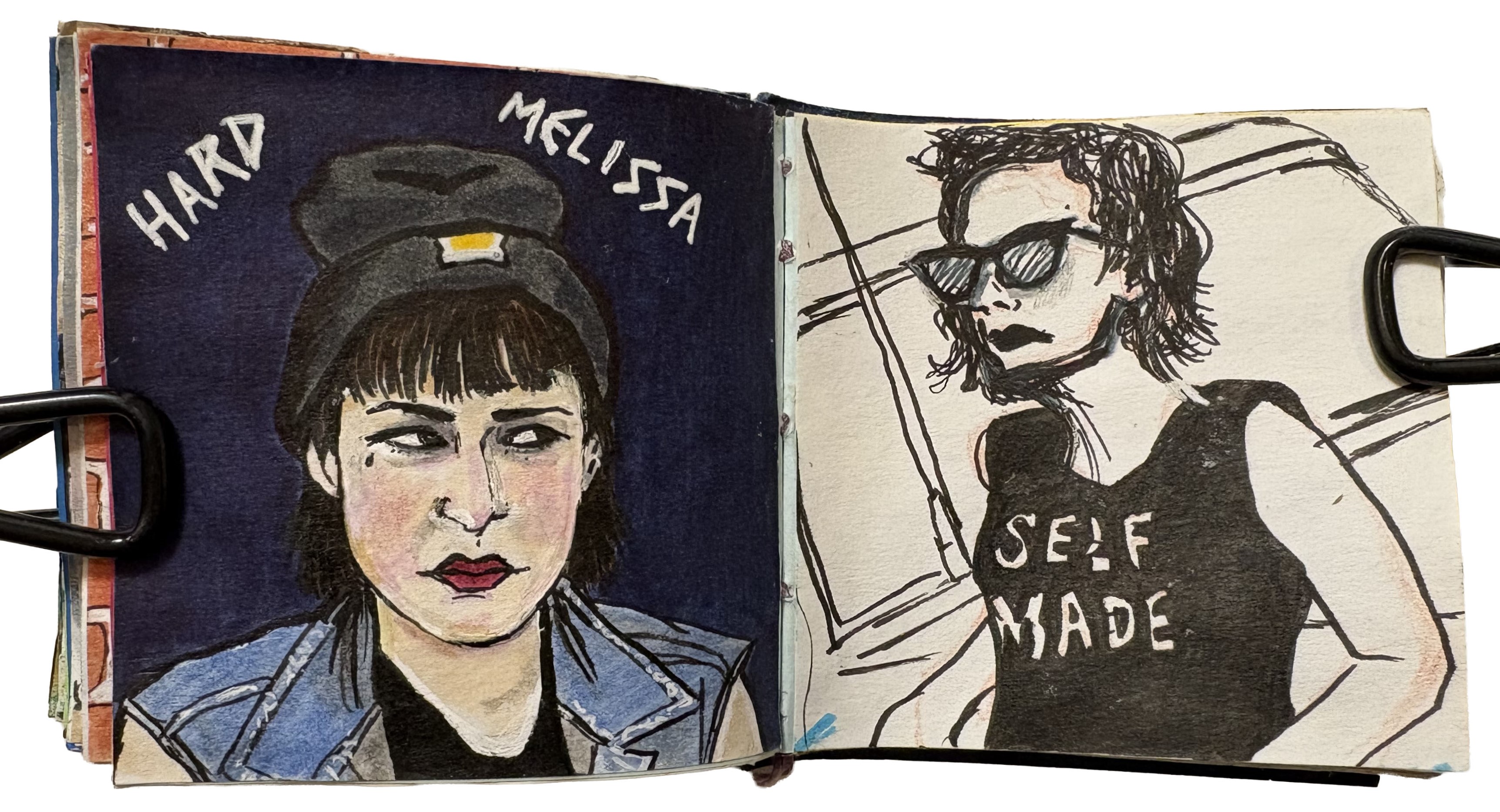 Post-it portraits of Hard Melissa (Emily Panic) from Two Minutes to Late Night and an ink sketch of a woman from the Sktchy app with a shirt that says self made.