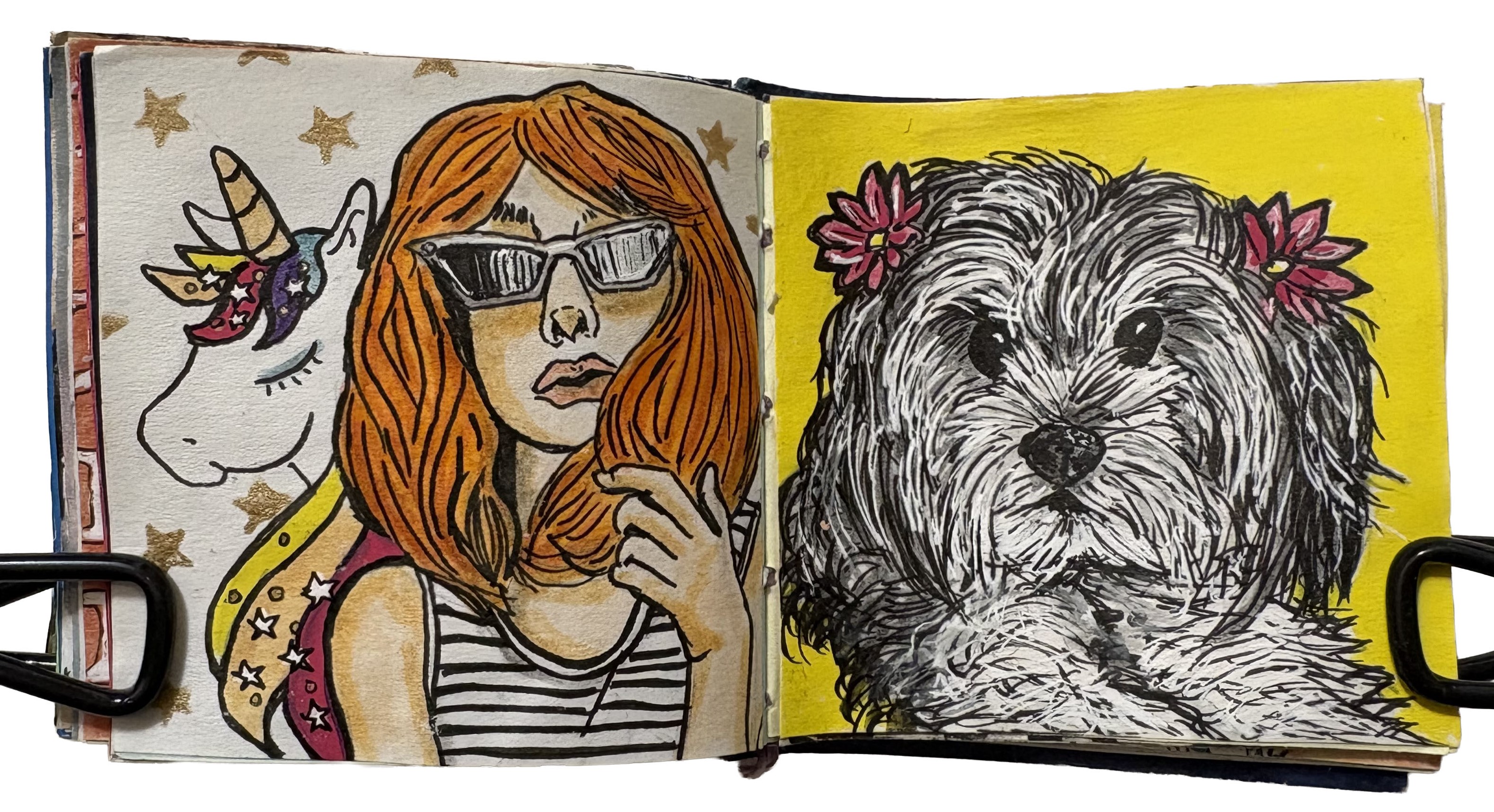 Portraits drawn from the Sktchy app on post-its. The first portrait is of a redhaired girl in sunglasses with stars and a cute unicorn next to her. The second portrait is of a cute white and grey dog with pink flowers in her hair.