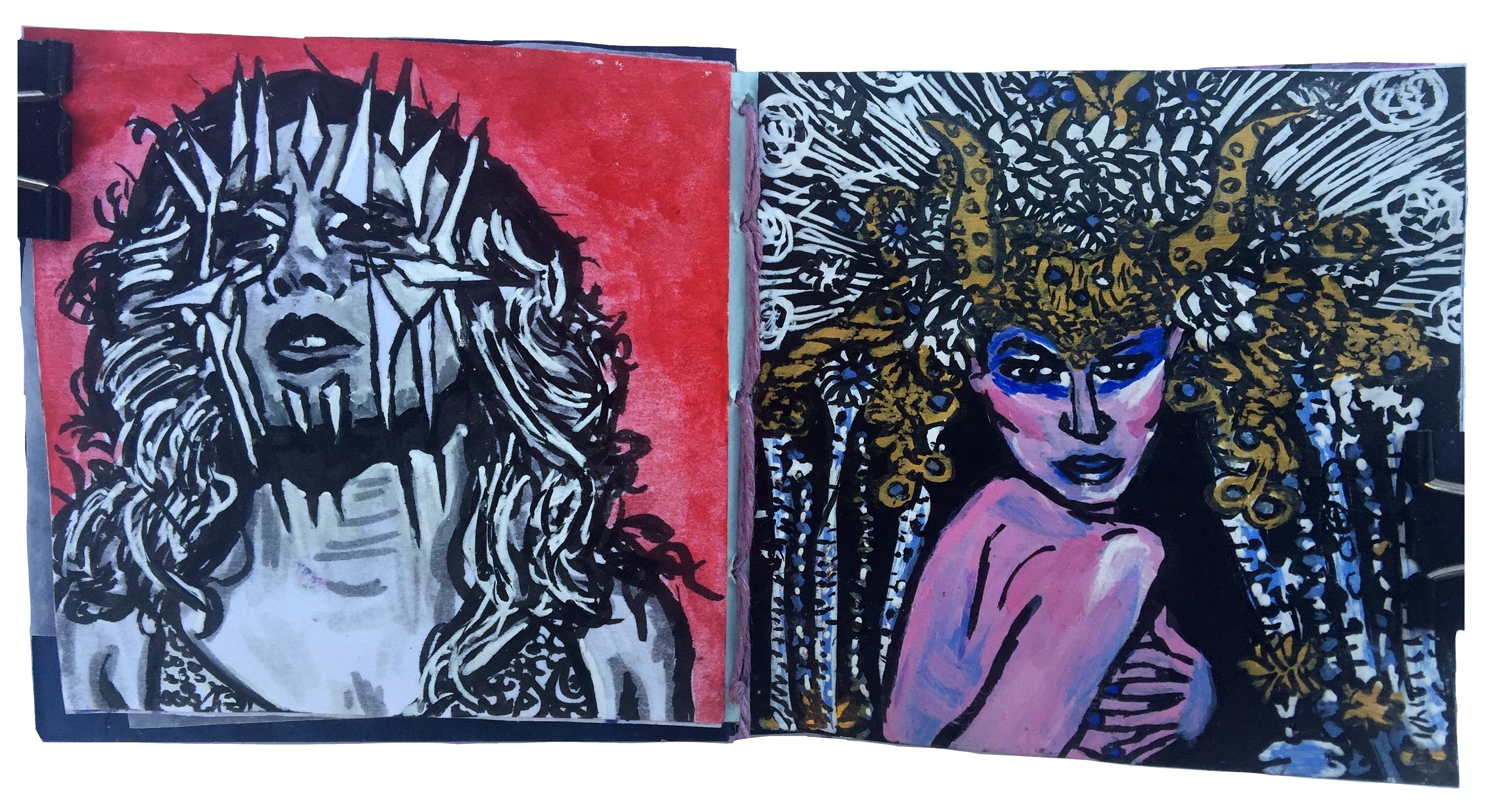 Days 84 and 85/365 of Year of Creative Habits. Mixed media post-it art journal illustrations of women from Sktchy with one woman with pieces of paper on her face and a topless woman with an elaborate headdress.